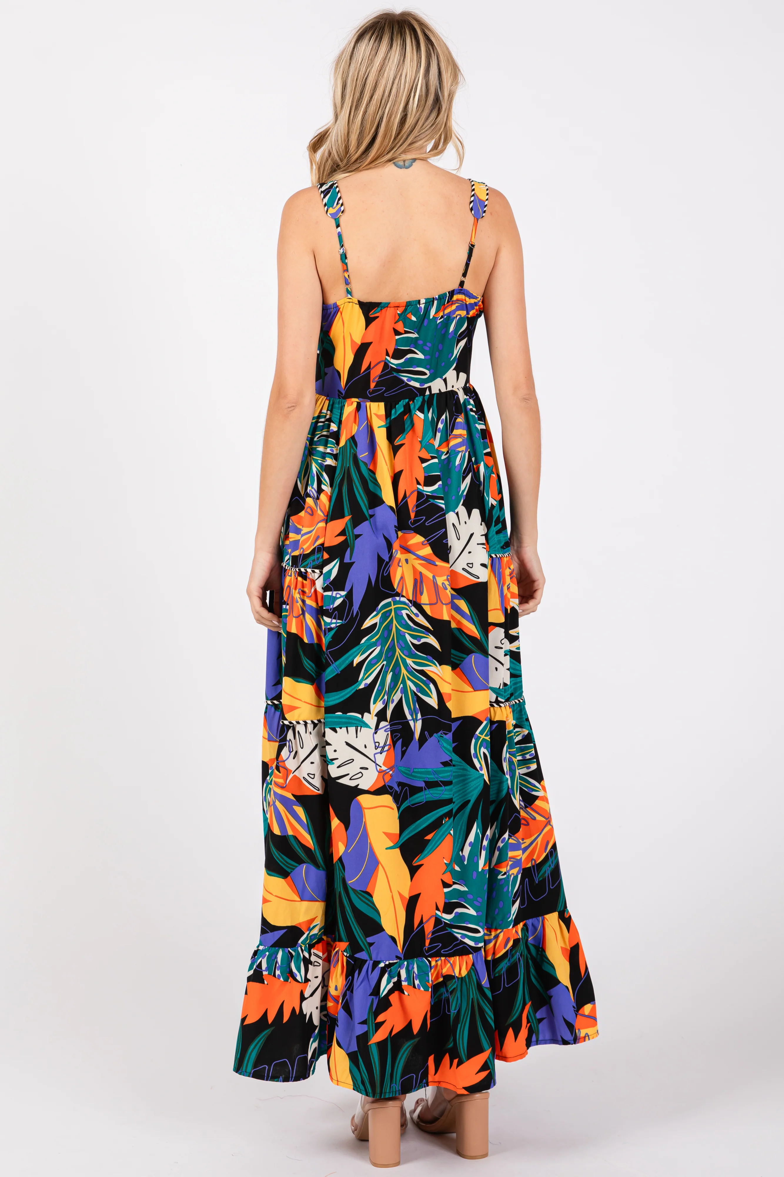 Black Leaf Print Tiered Dress - Image 3