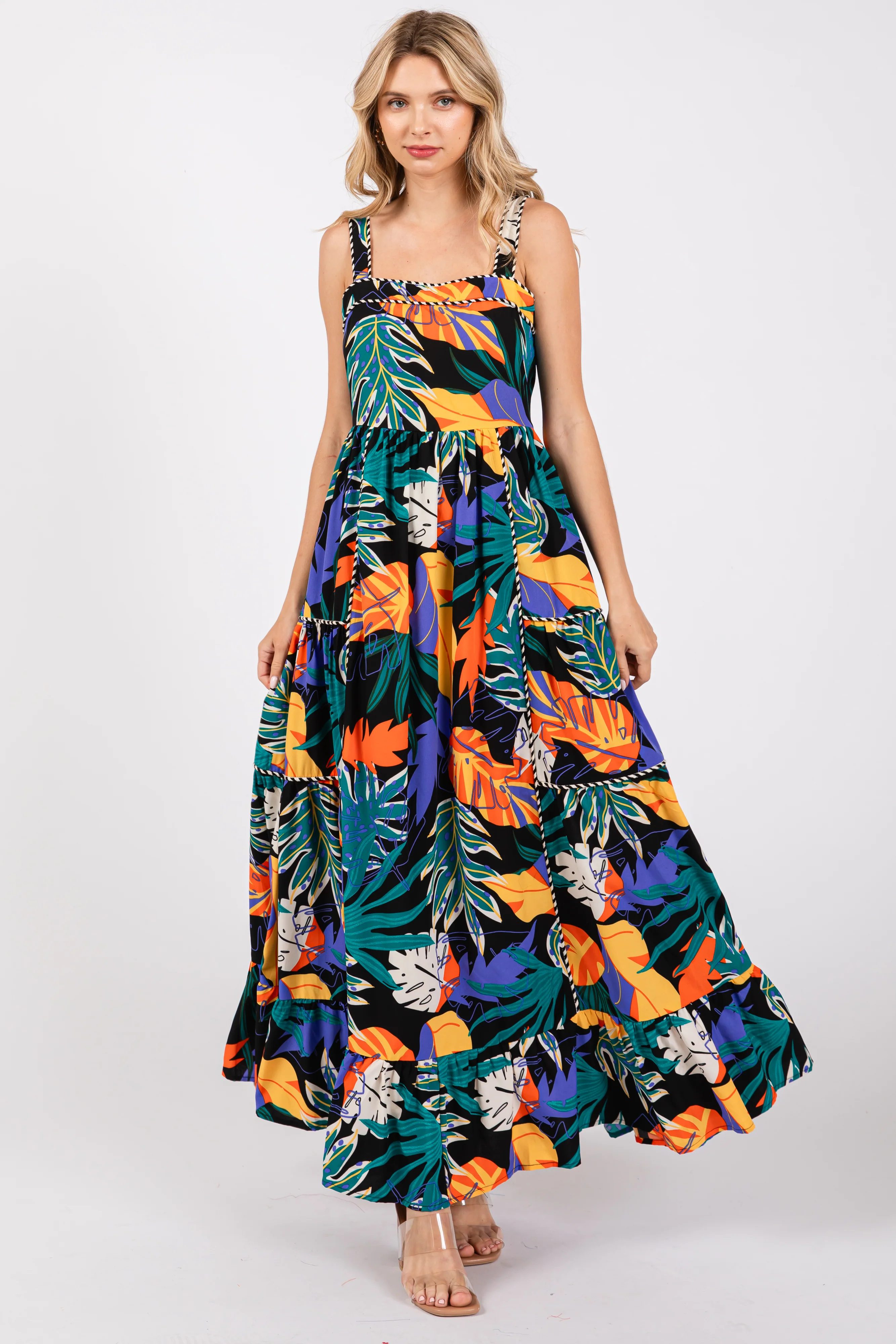 Black Leaf Print Tiered Maternity Dress - Image 5