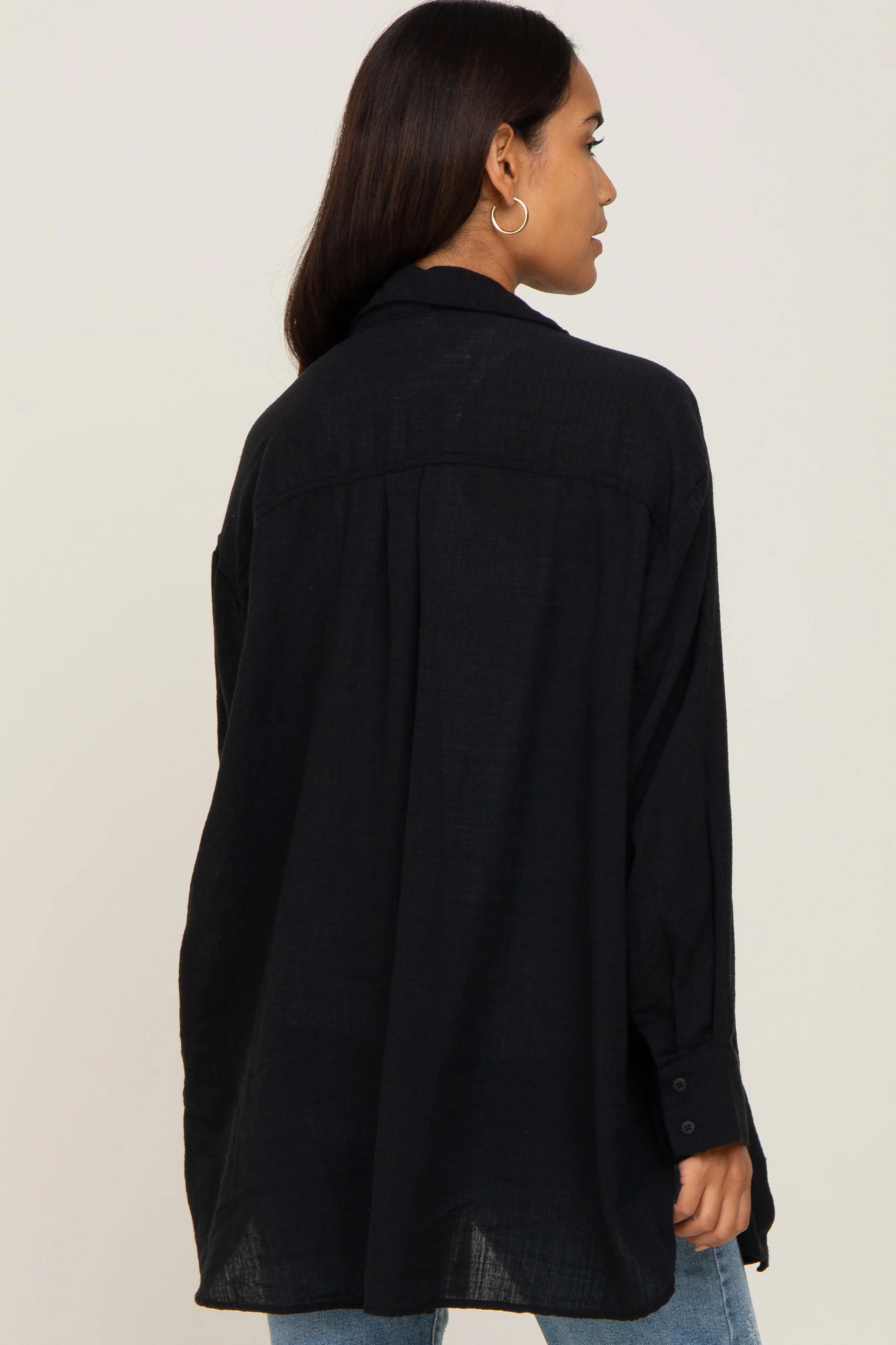 Black Lightweight Sheer Button Down Maternity Blouse - Image 3