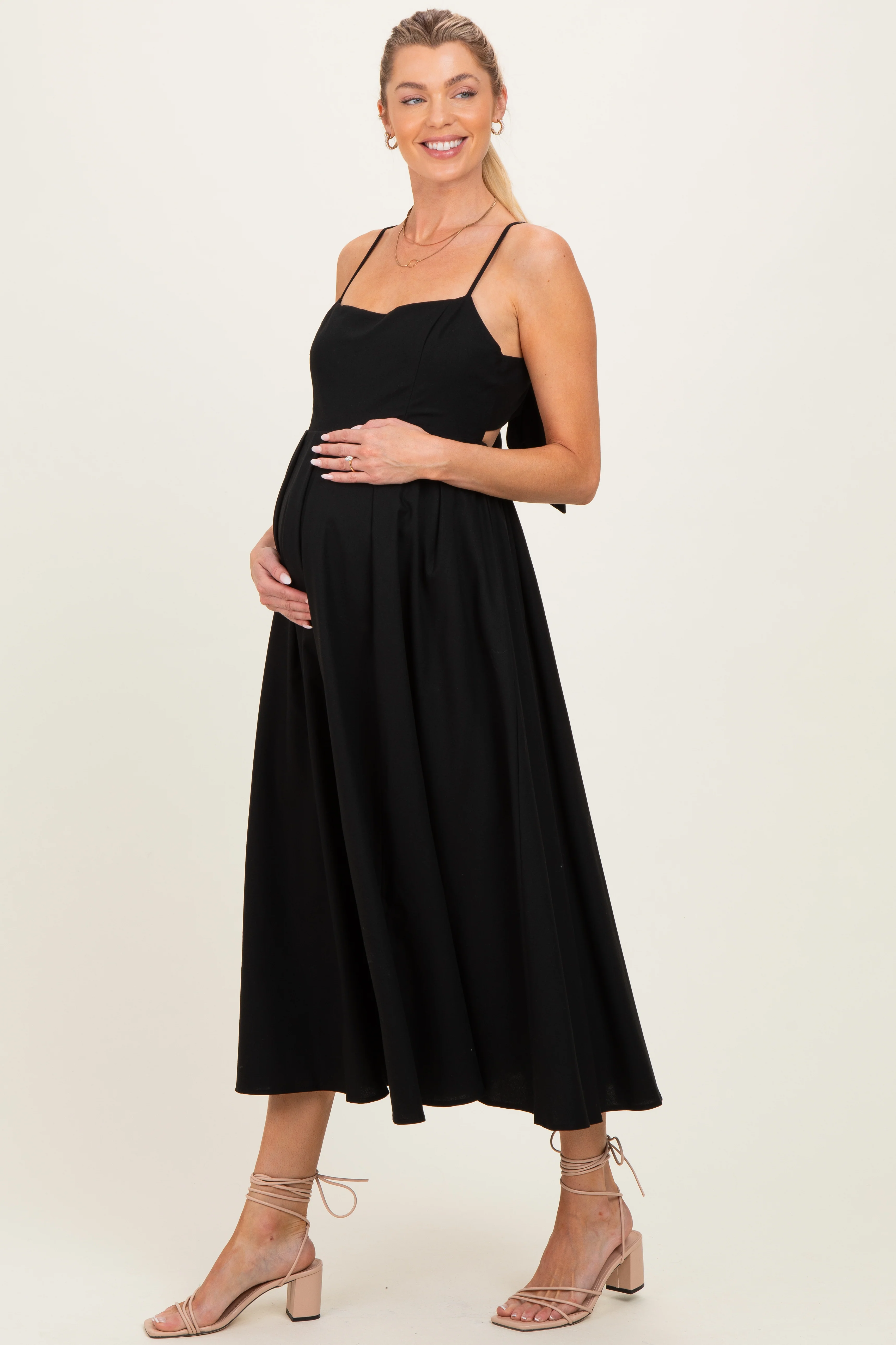 Black Linen Sleeveless Tie Back Flared Maternity Midi Dress - Image 3