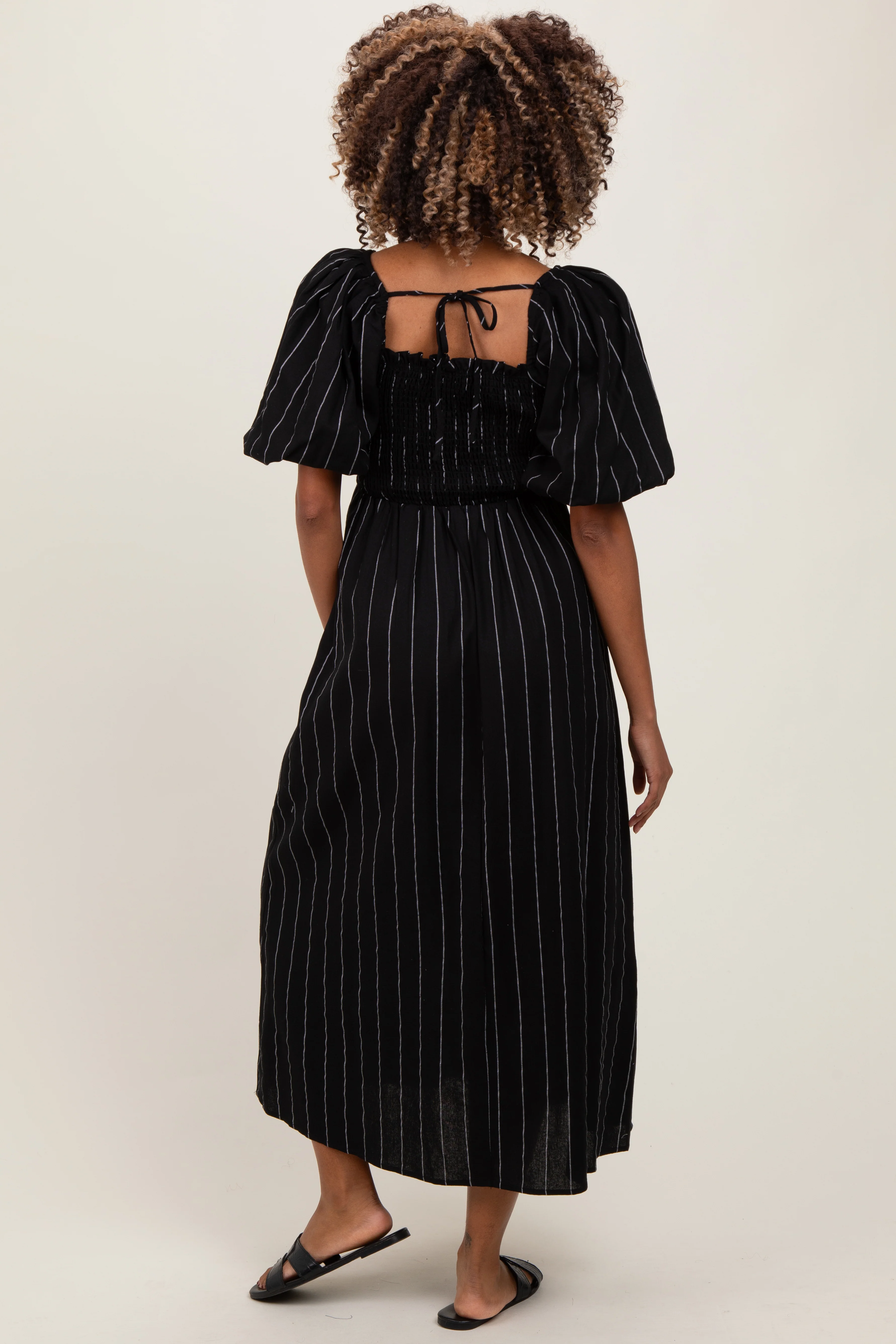 Black Linen Stripe Puff Sleeve Maternity Midi Dress - Image 4