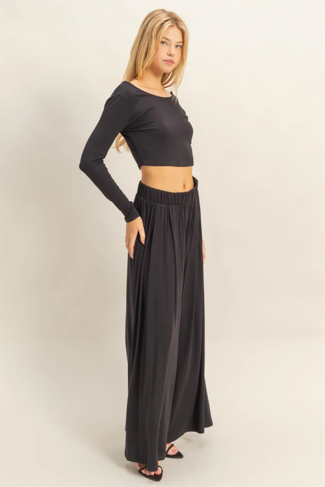 Black Long-Sleeve Crop Top And Maxi Pants Set - Image 2
