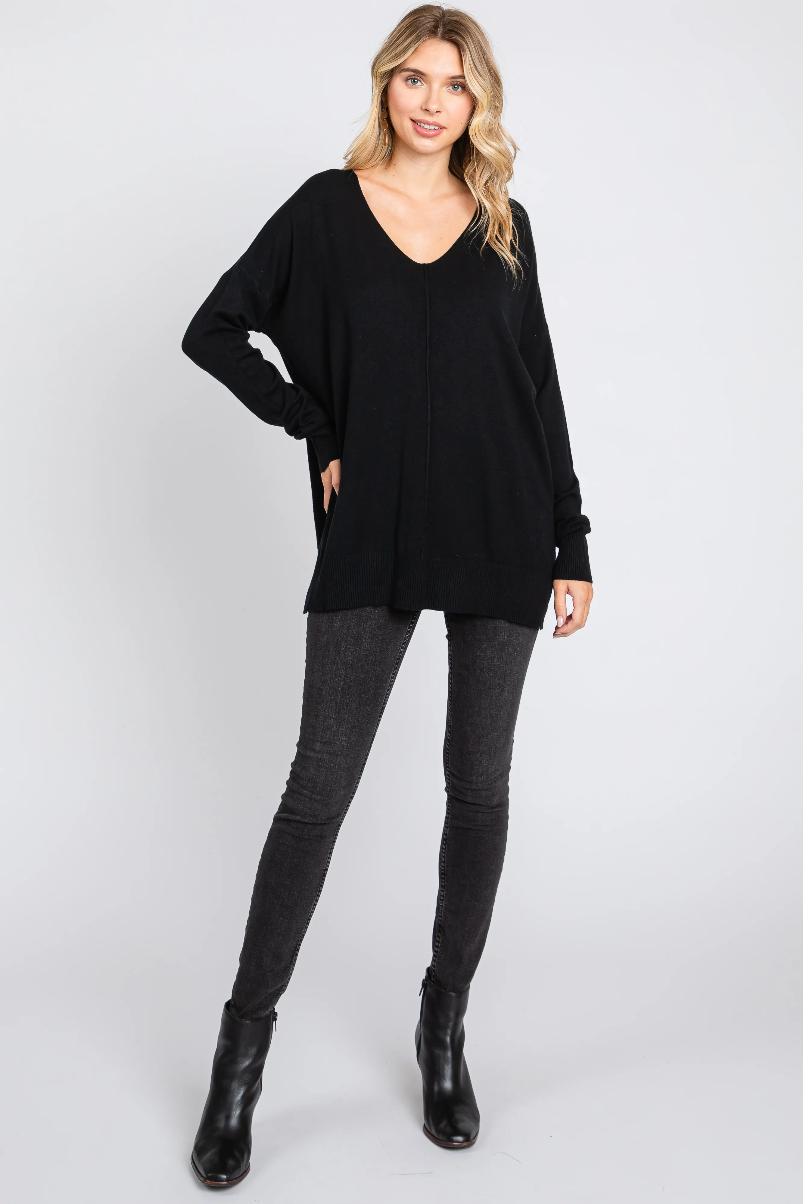 Black Long Sleeve Side Slit Sweater - Image 4