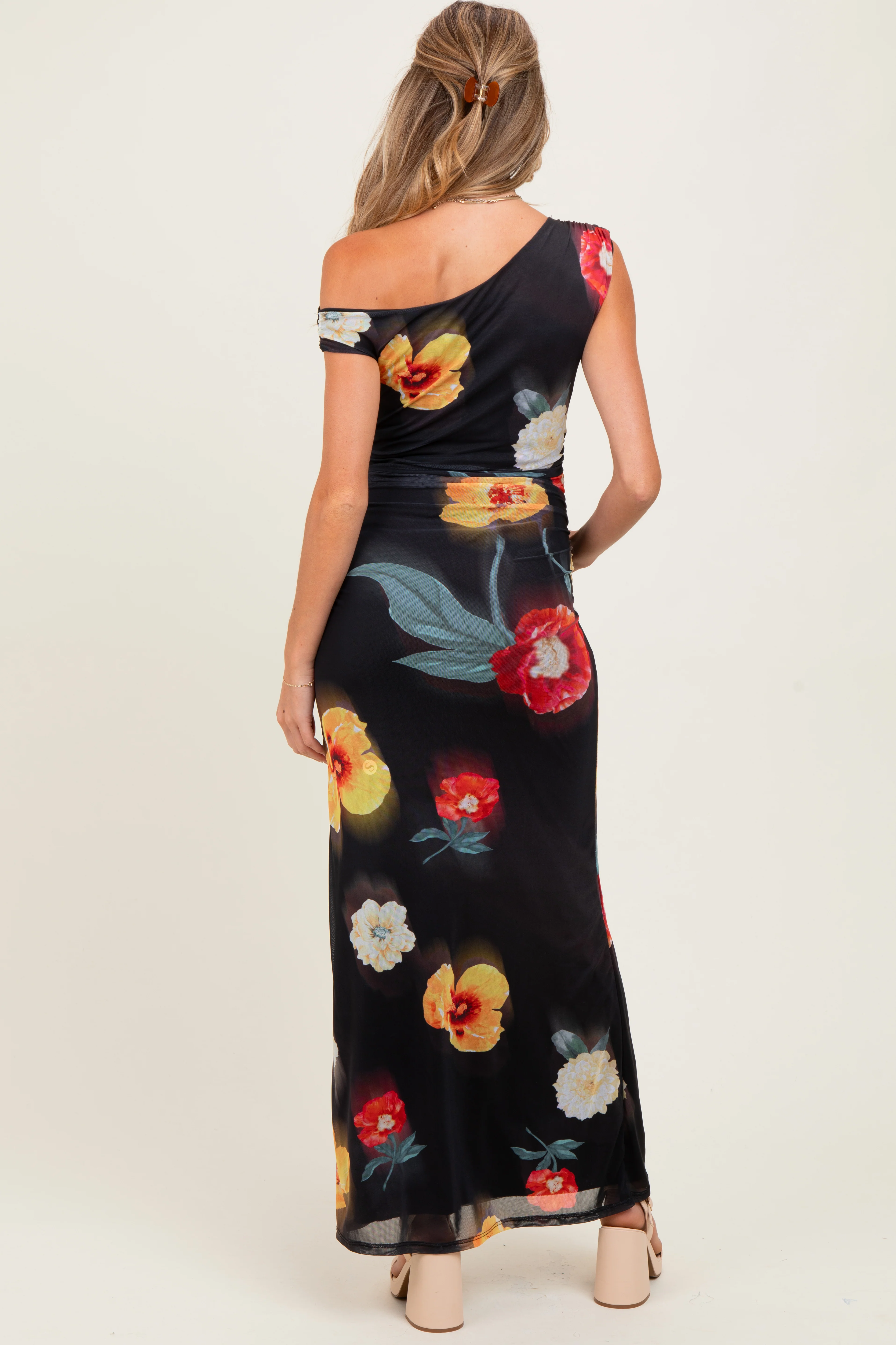 Black Mesh Floral One Shoulder Maternity Maxi Dress - Image 4