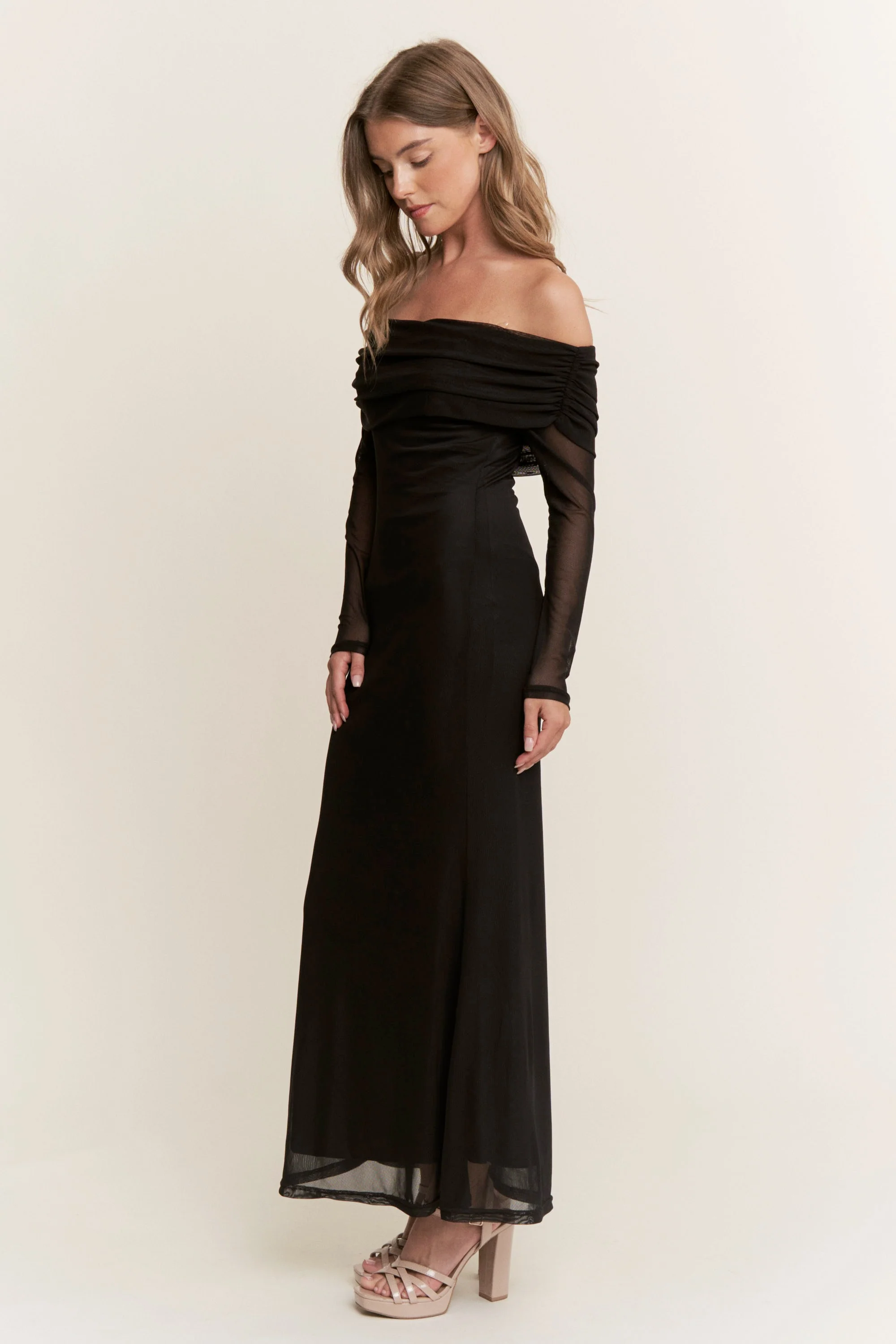 Black Mesh Off Shoulder Long Sleeve Maxi Dress - Image 2