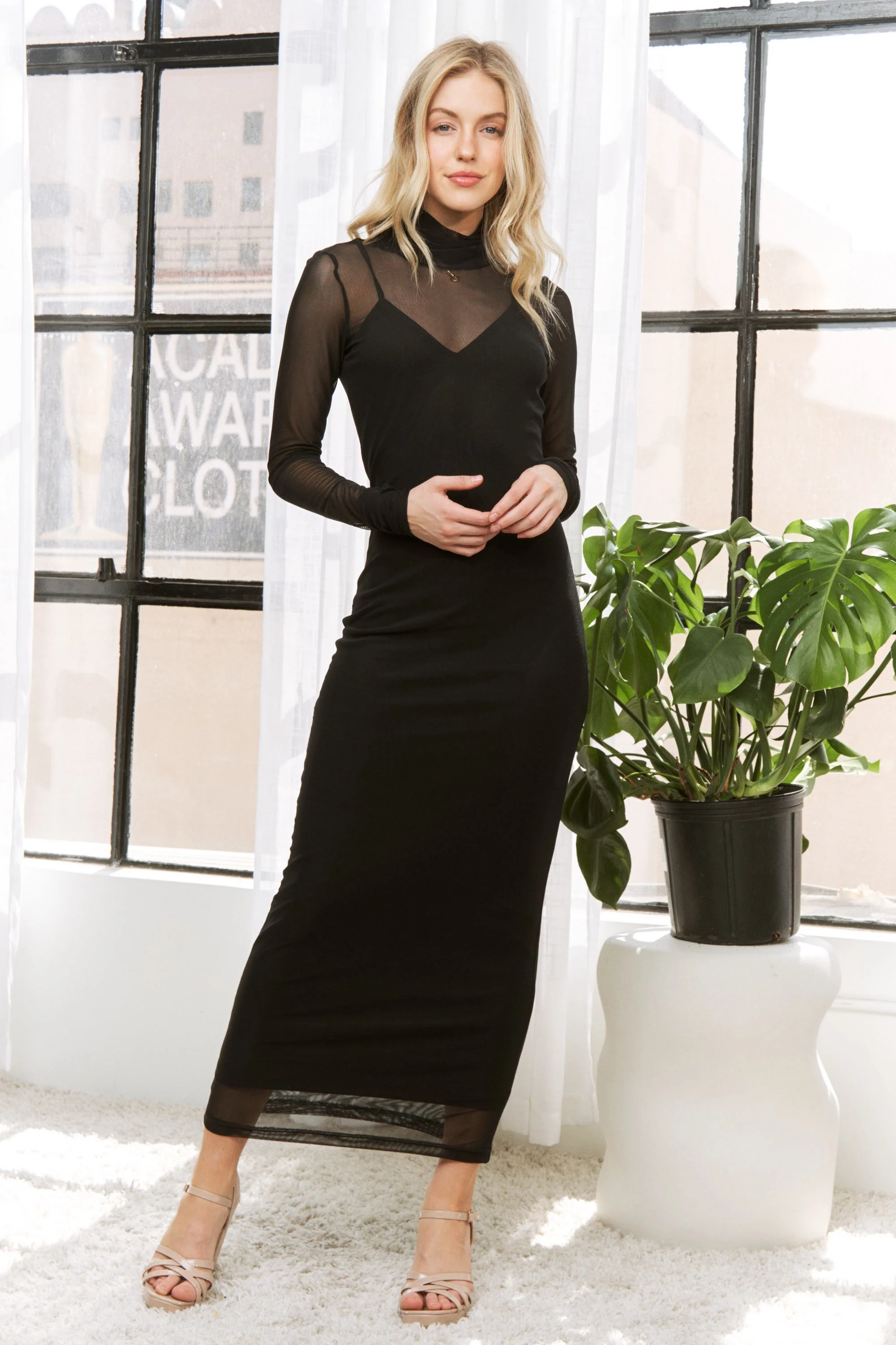 Black Mesh Overlay Long Sleeve Maternity Maxi Dress - Image 5
