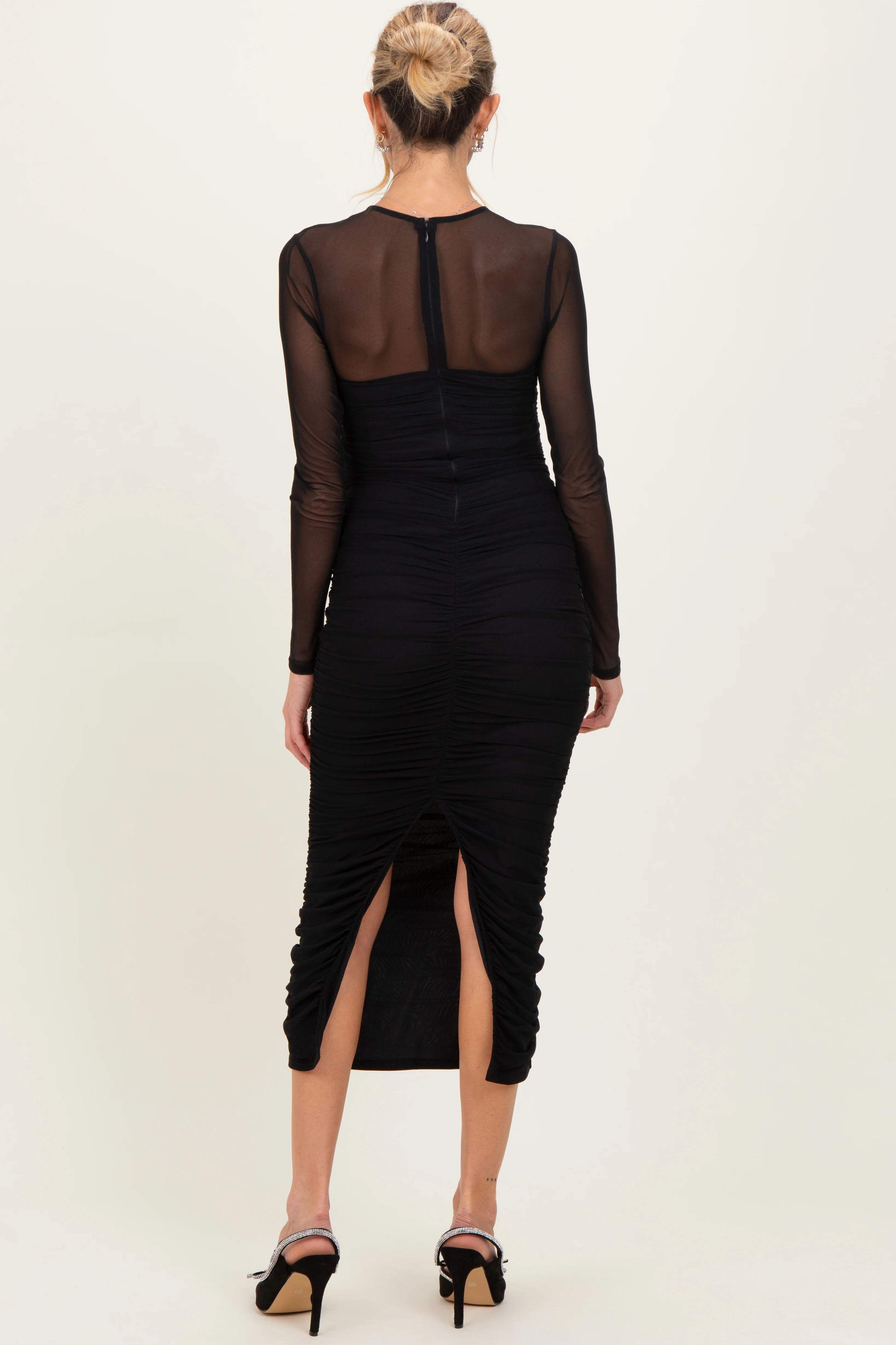 Black Mesh Ruched Long Sleeve Maternity Midi Dress - Image 4