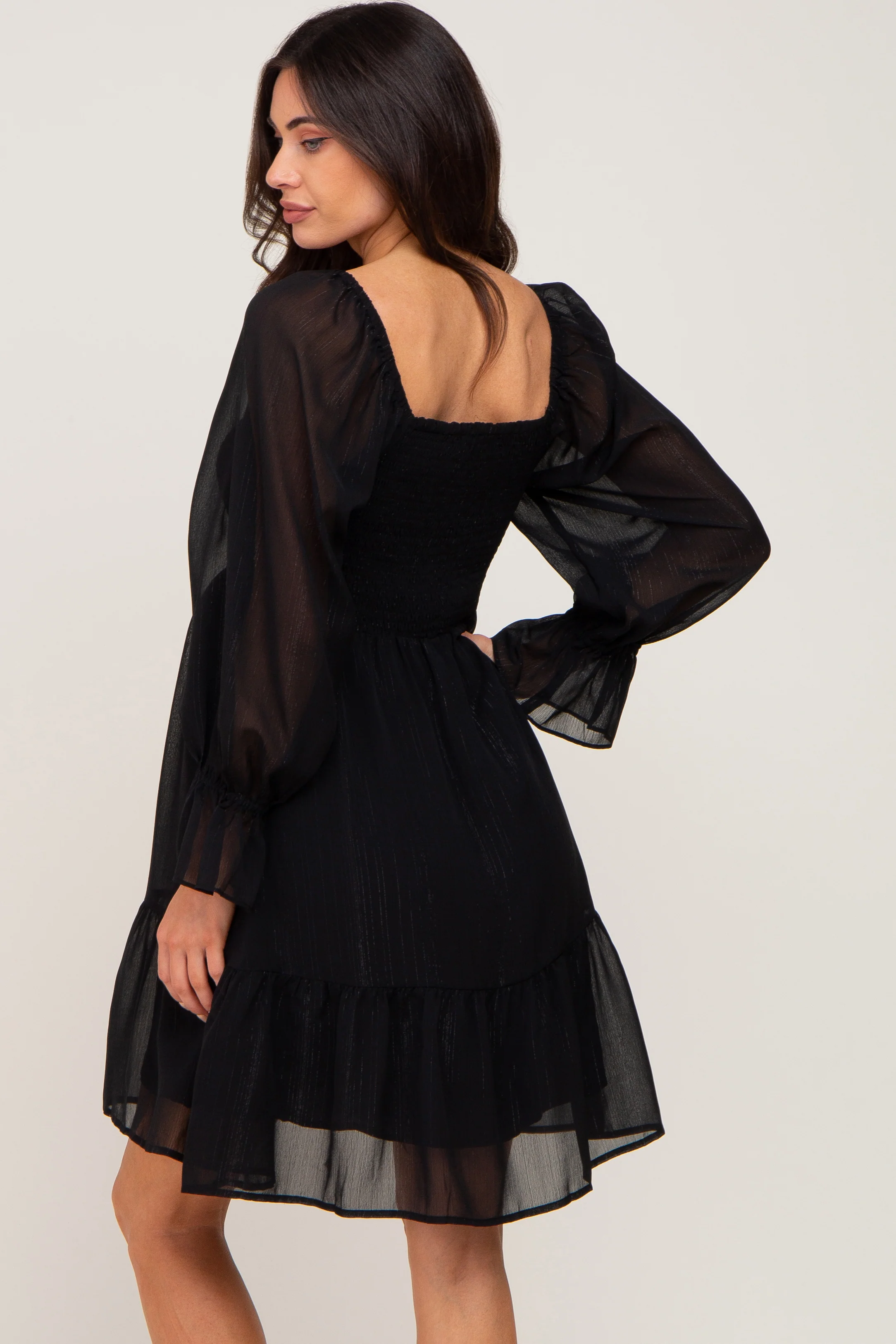 Black Metallic Stripe Smocked Maternity Dress - Image 3