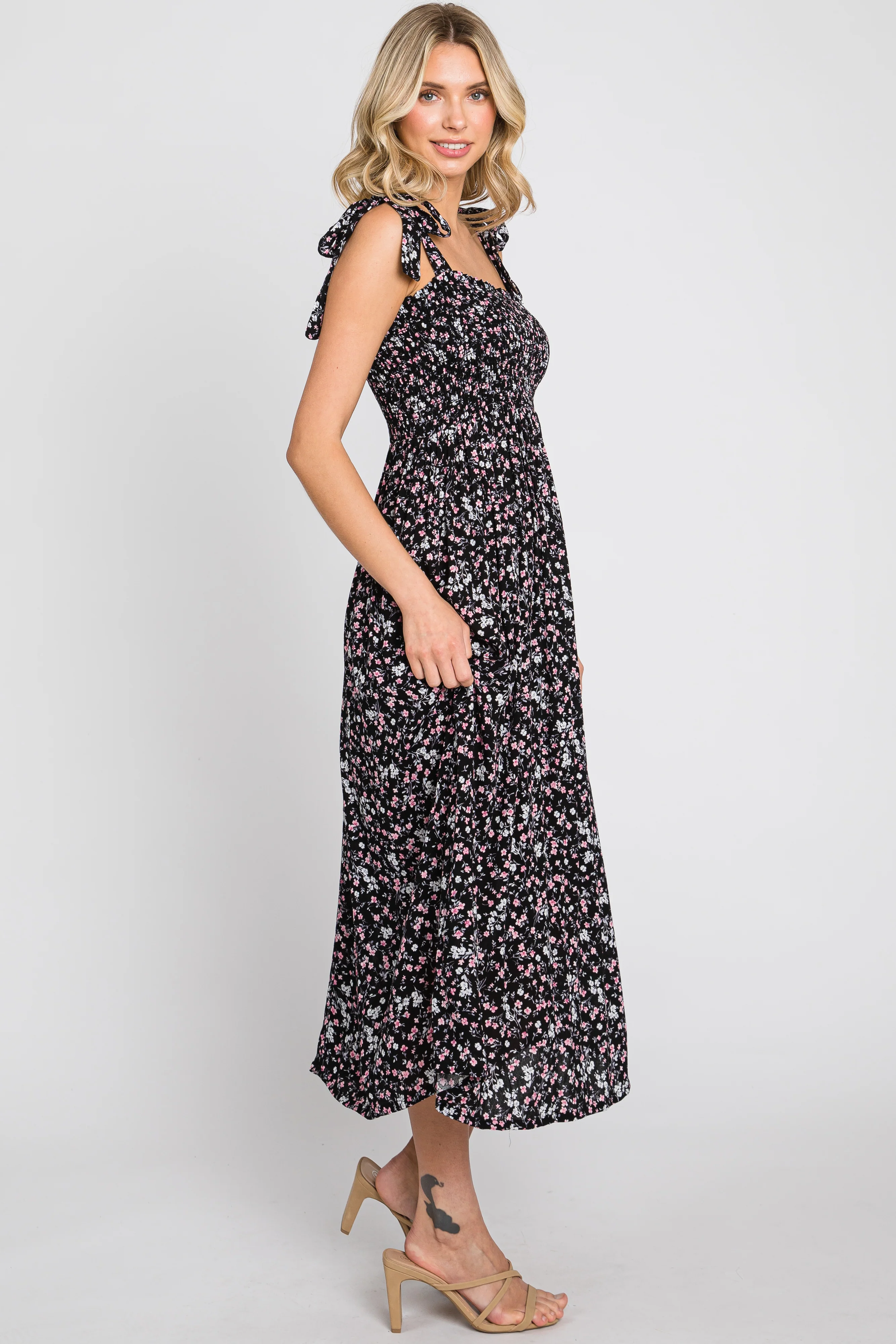 Black Micro Floral Smocked Dress - Image 2