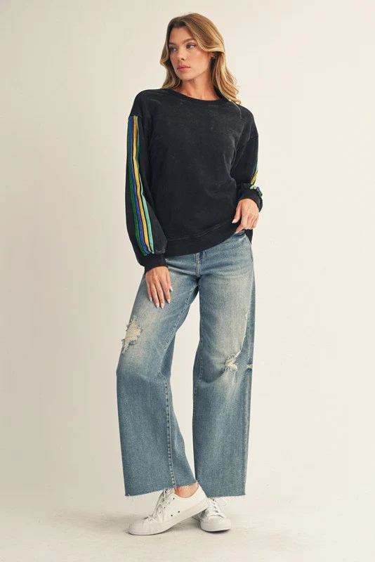 Black Mineral Wash Velvet Stripe Detail Sweatshirt - Image 3