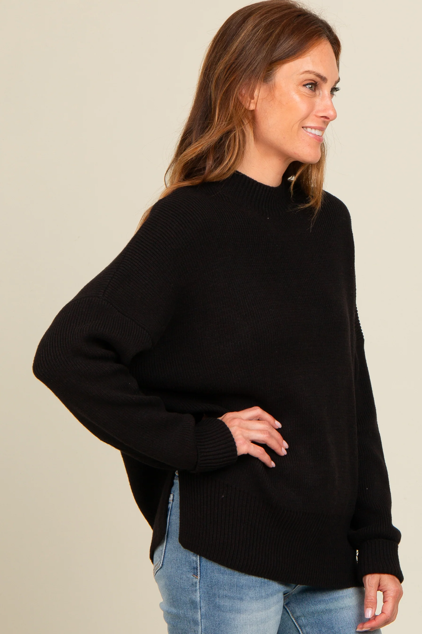 Black Mock Neck Basic Sweater - Image 3