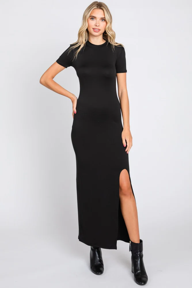 Black Mock Neck Front Slit Short Sleeve Maternity Maxi Dress - Image 12