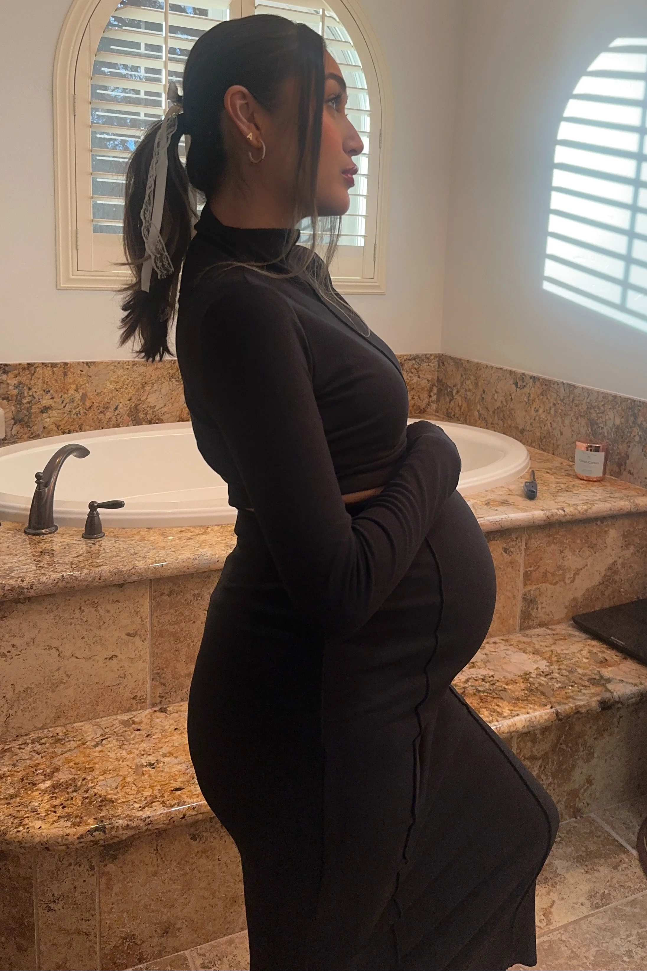 Black Mock Neck Long Sleeve Crop Maternity Midi Skirt Set - Image 4