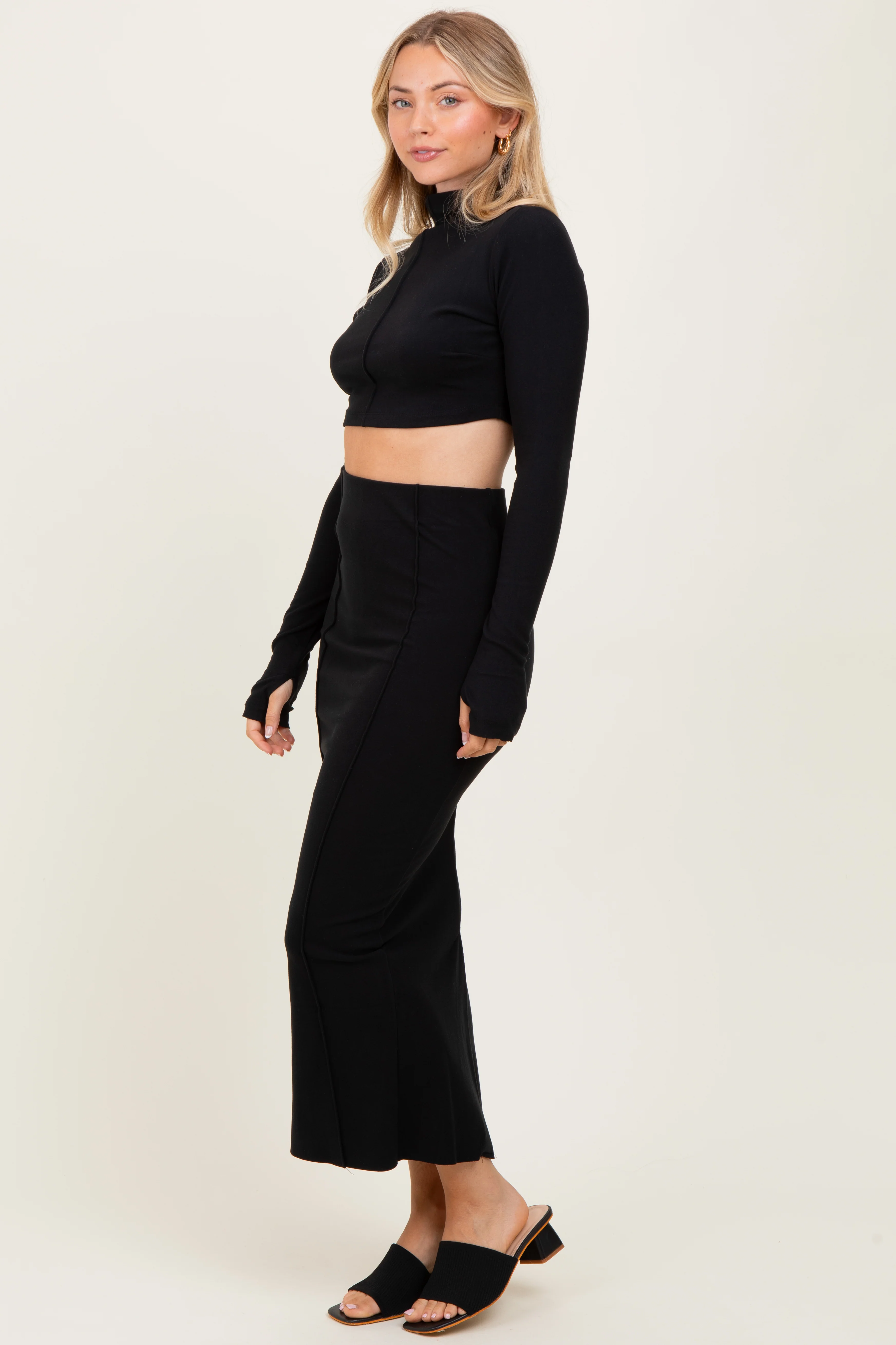 Black Mock Neck Long Sleeve Crop Midi Skirt Set - Image 3