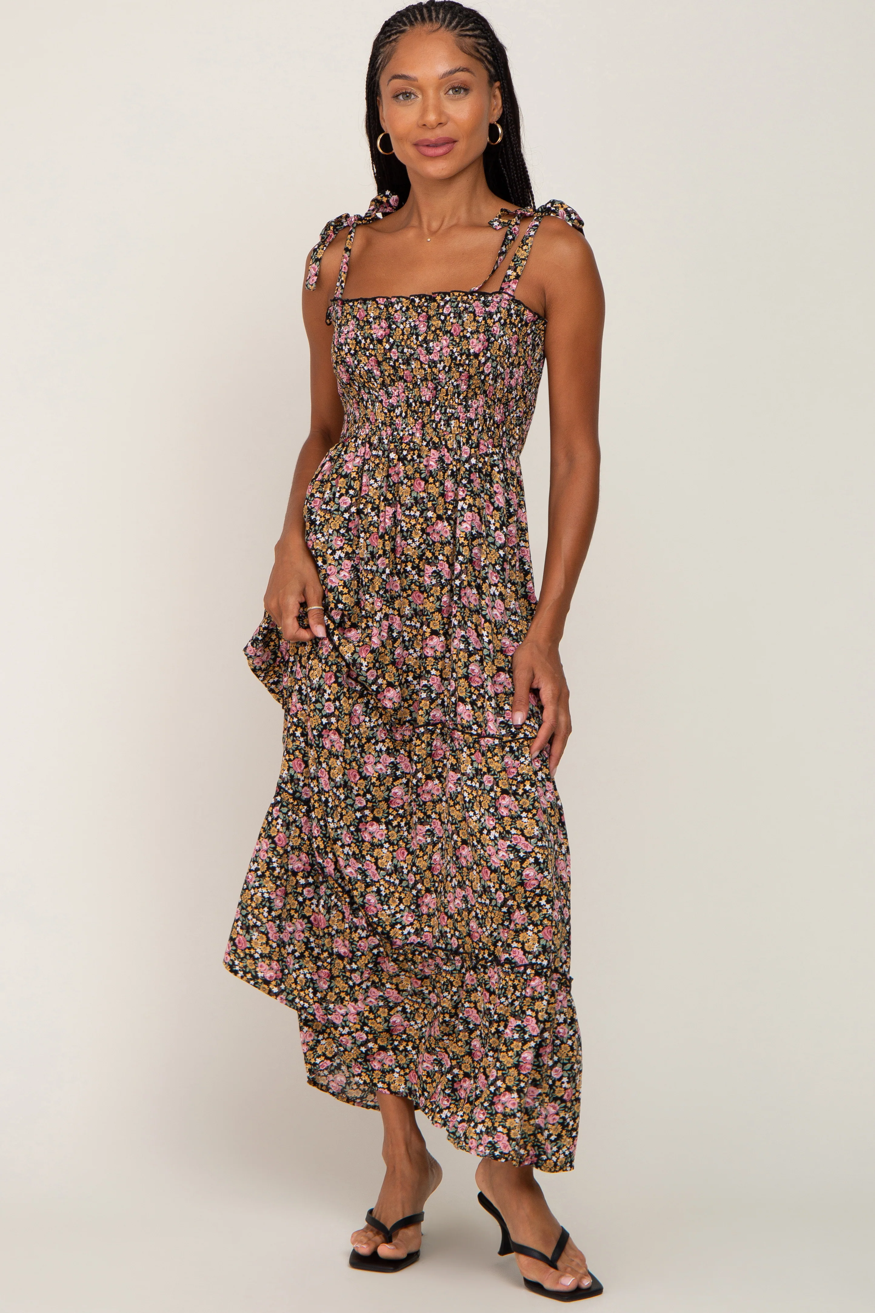 Black Multi-Color Floral Sleeveless Tiered Maternity Maxi Dress - Image 6