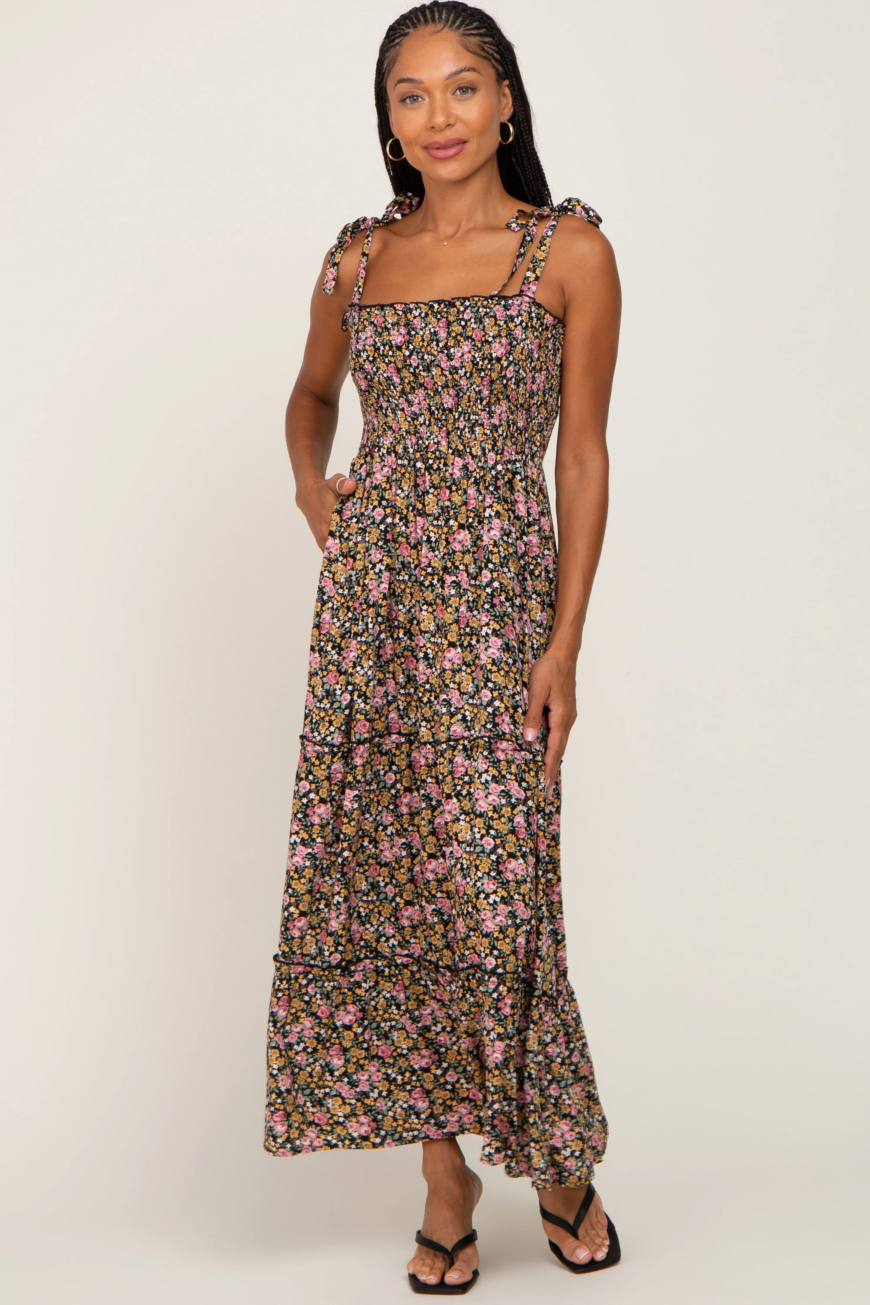 Black Multi-Color Floral Sleeveless Tiered Maxi Dress - Image 5