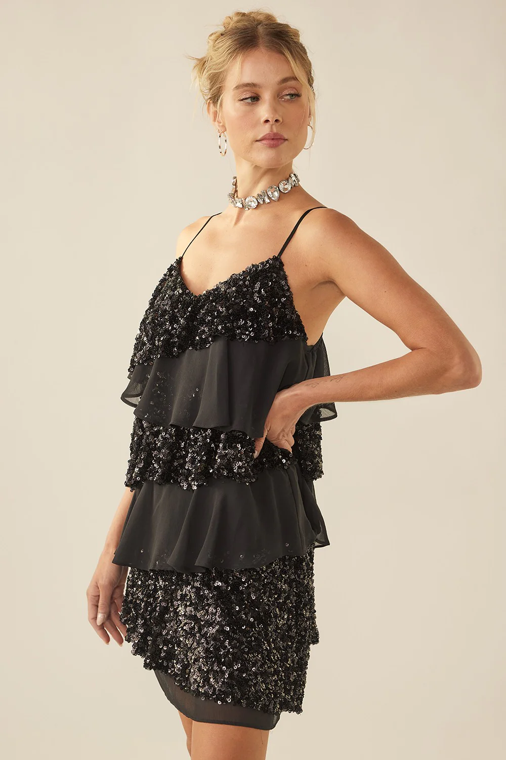Black Multi Fabric Tiered Sequin Dress - Image 2