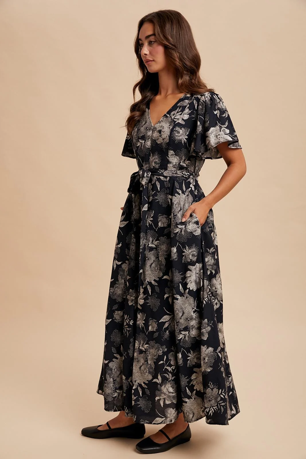 Black Multi Floral Flutter Sleeve Maxi Dress - Image 3