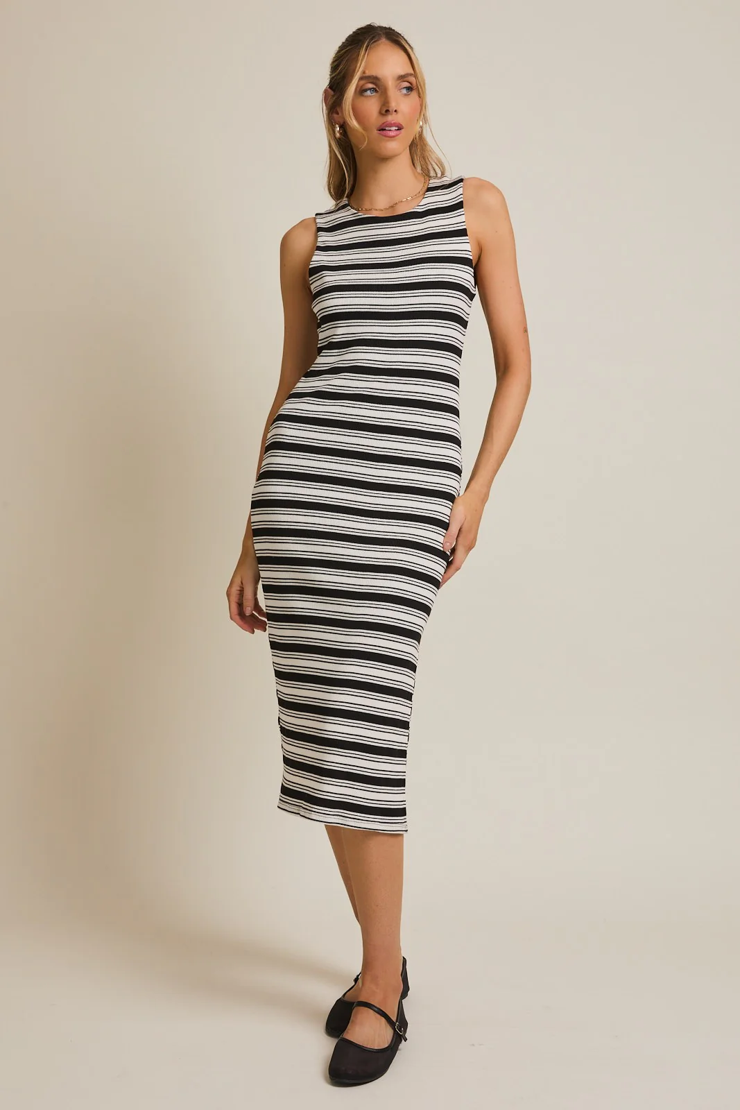 Black Multi-Stripe Ribbed Sleeveless Cutout Midi Dress - Image 2