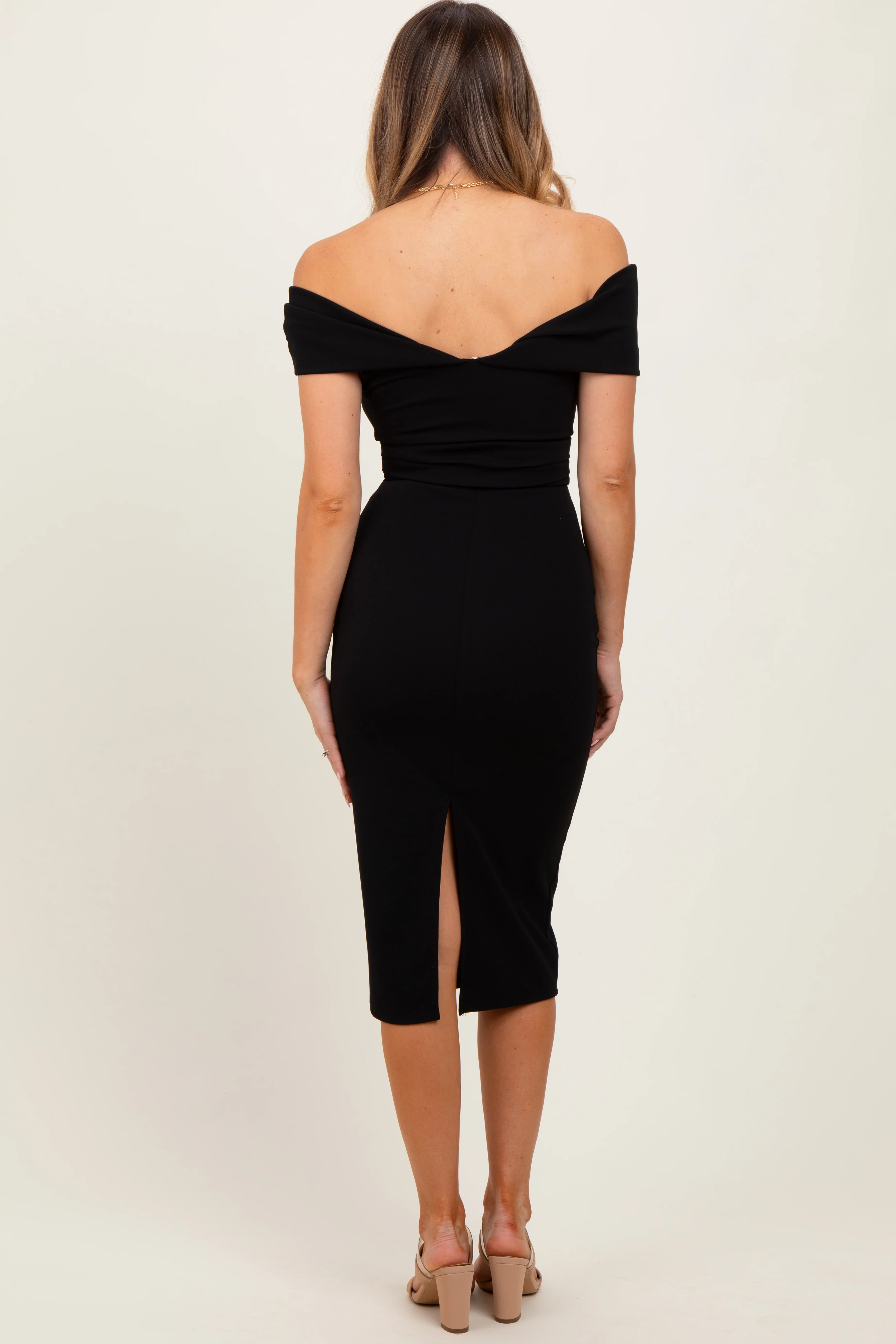 Black Off Shoulder Fitted Midi Dress - Image 4