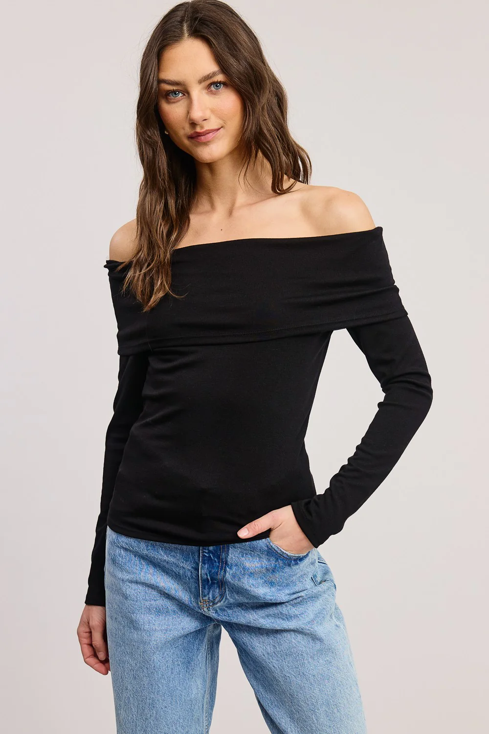 Black Off Shoulder Foldover Maternity Long Sleeve Top - Image 4