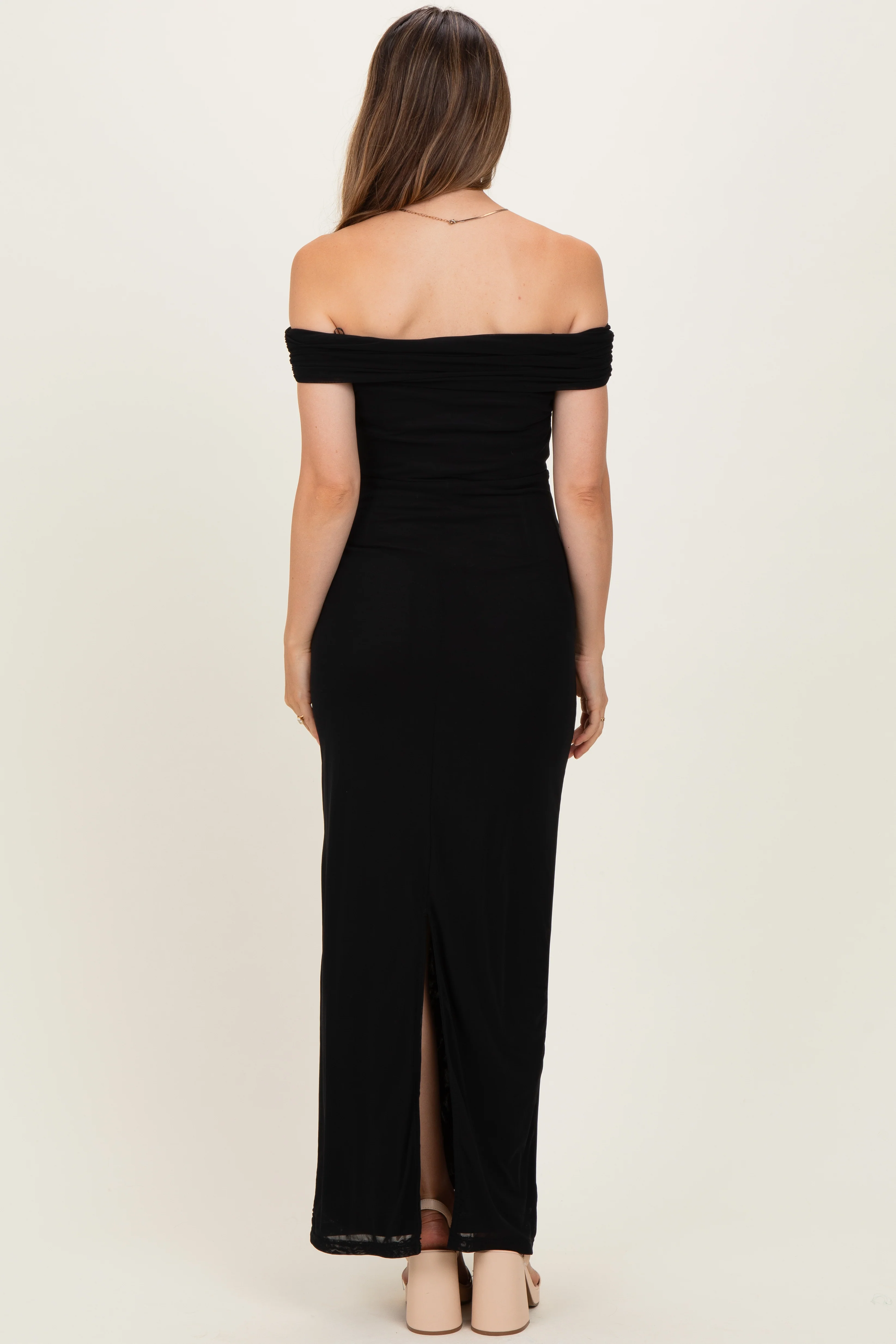 Black Off Shoulder Mesh Maternity Maxi Dress - Image 3
