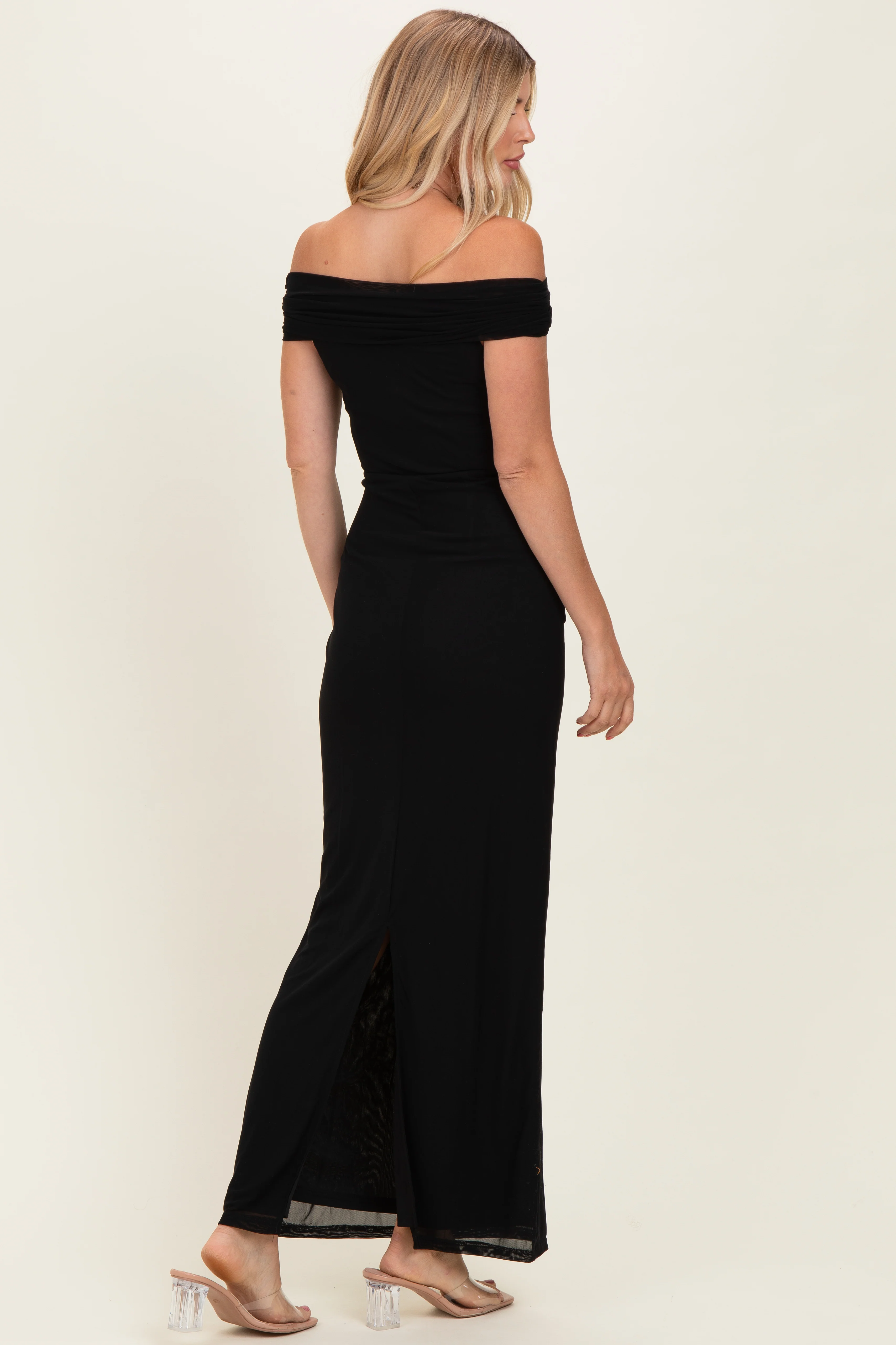Black Off Shoulder Mesh Maxi Dress - Image 3