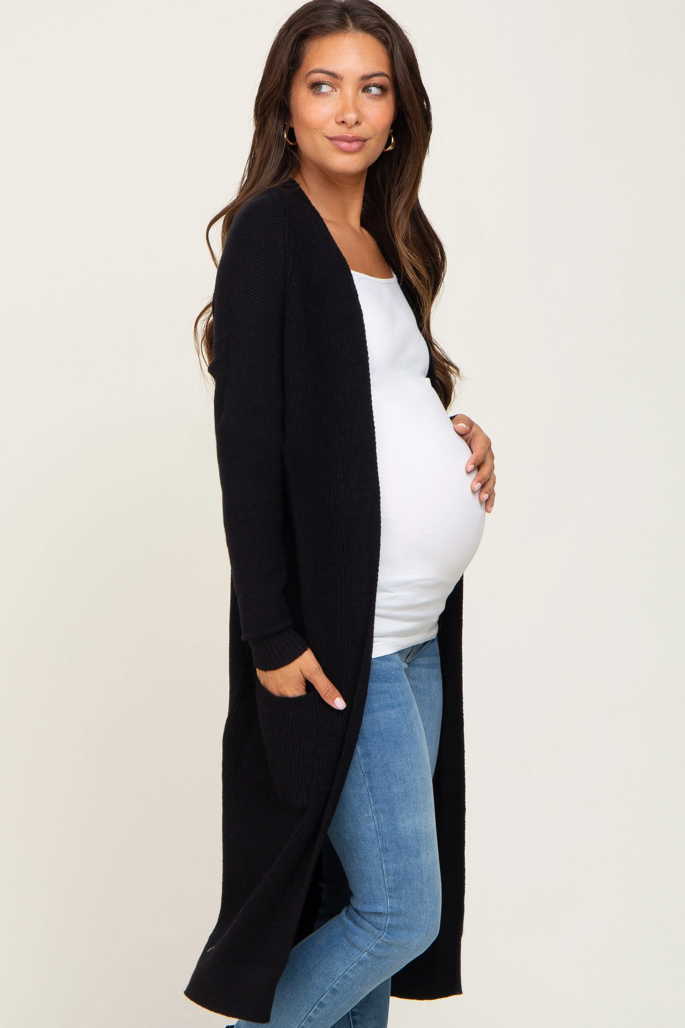 Black Open Front Long Maternity Cardigan - Image 3