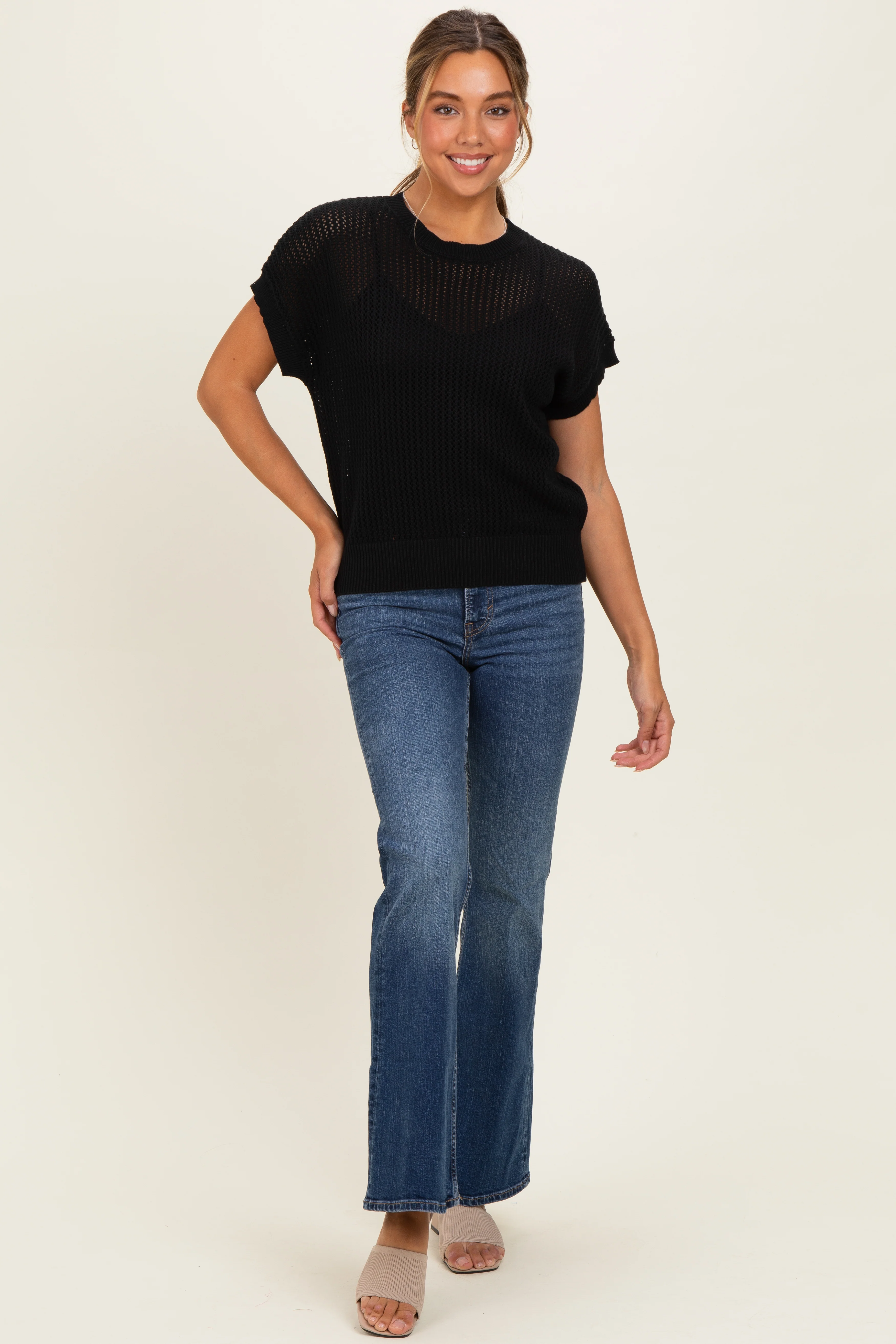 Black Open-Knit Dolman Sleeve Top - Image 2