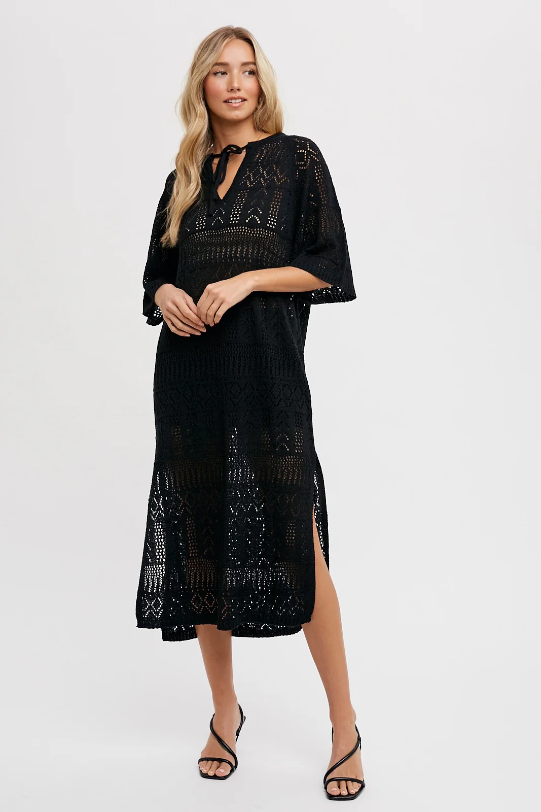 Black Open Knit Front Tie Side Slit Midi Maternity Swim Cover Up - Image 5