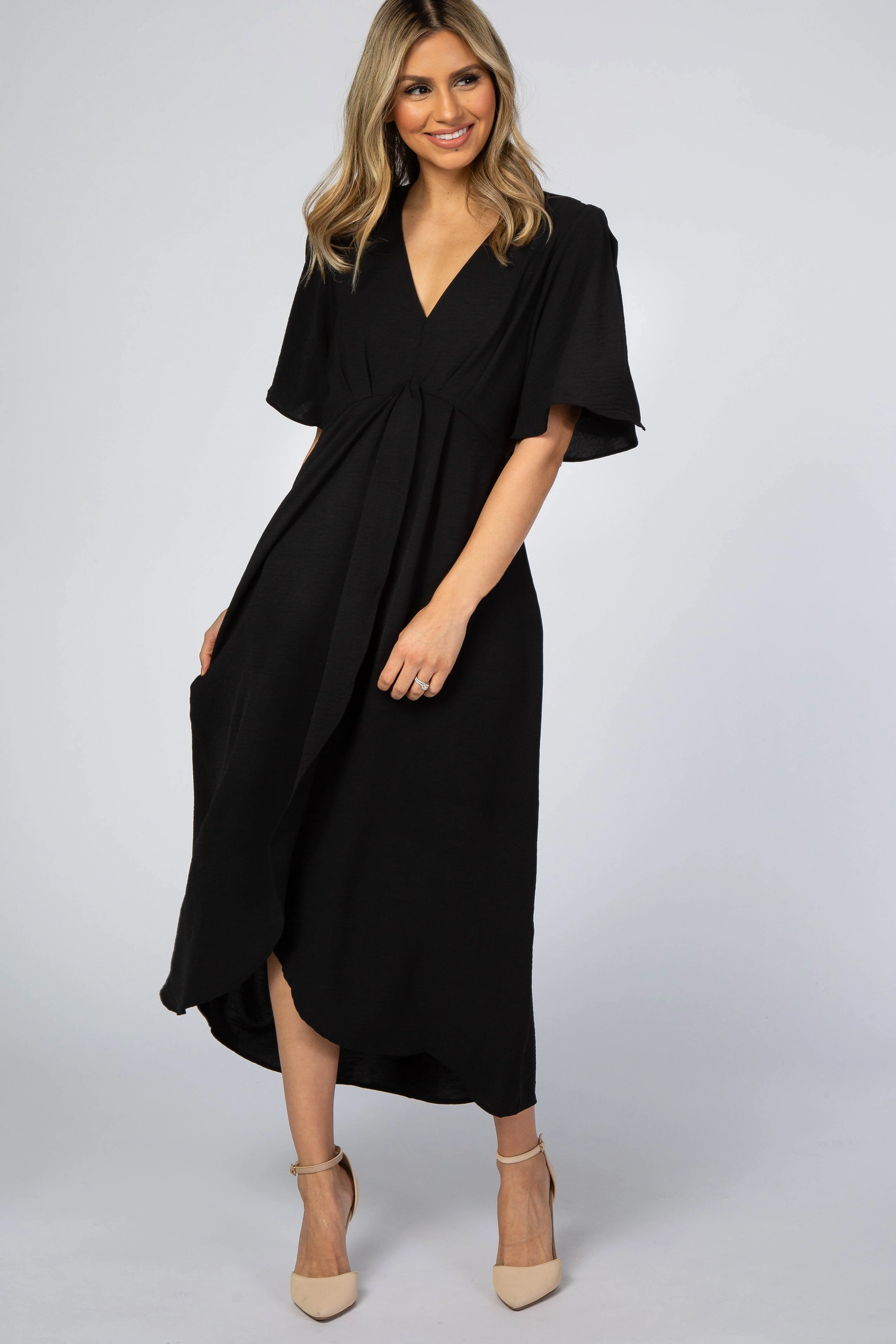 Black Open Sleeve Maternity Wrap Midi Dress - Image 4