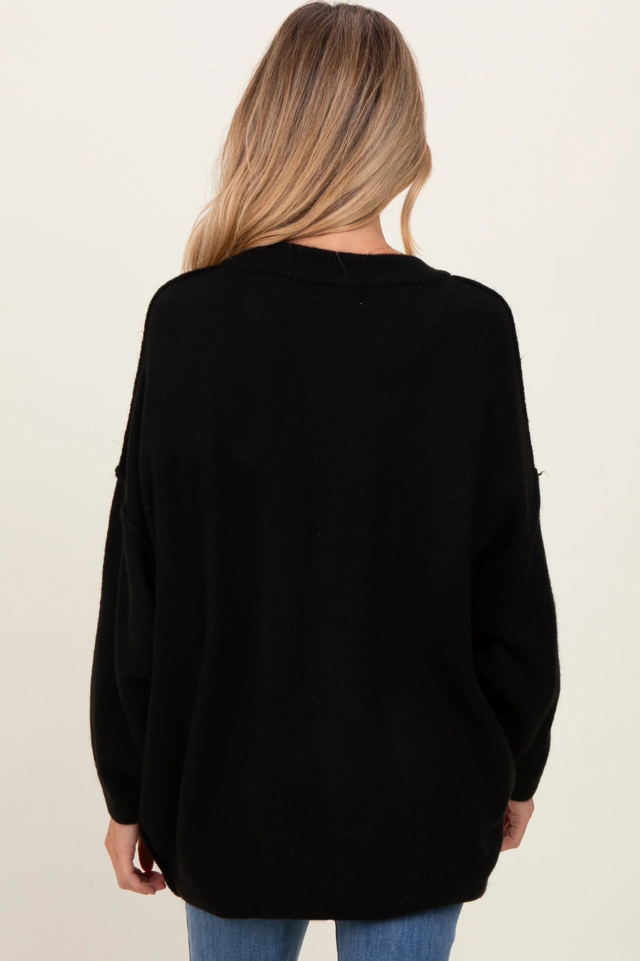 Black Oversized Crewneck Melange Knit Maternity Sweater - Image 3