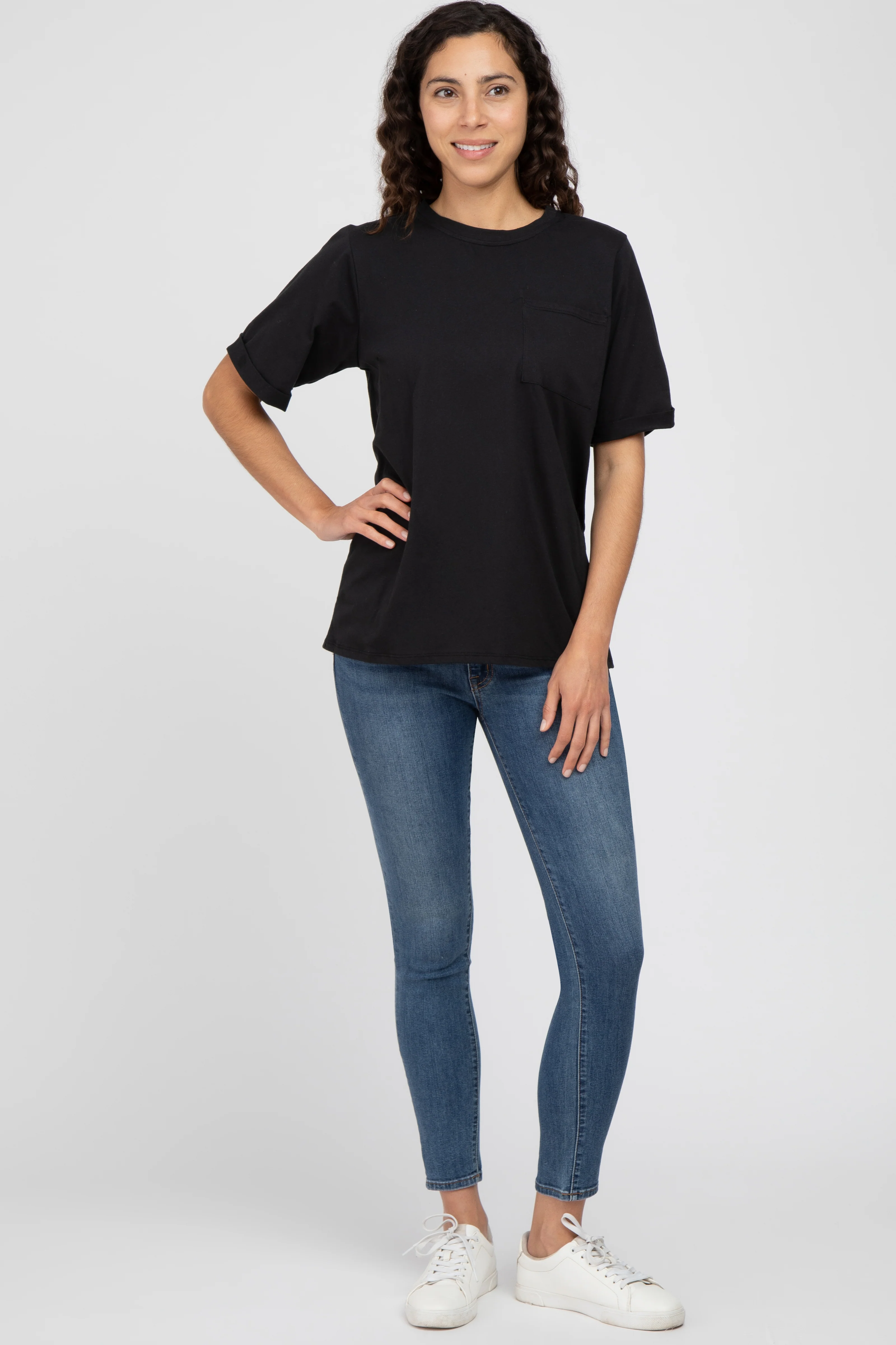 Black Oversized Pocket Front Short Sleeve Top - Image 4