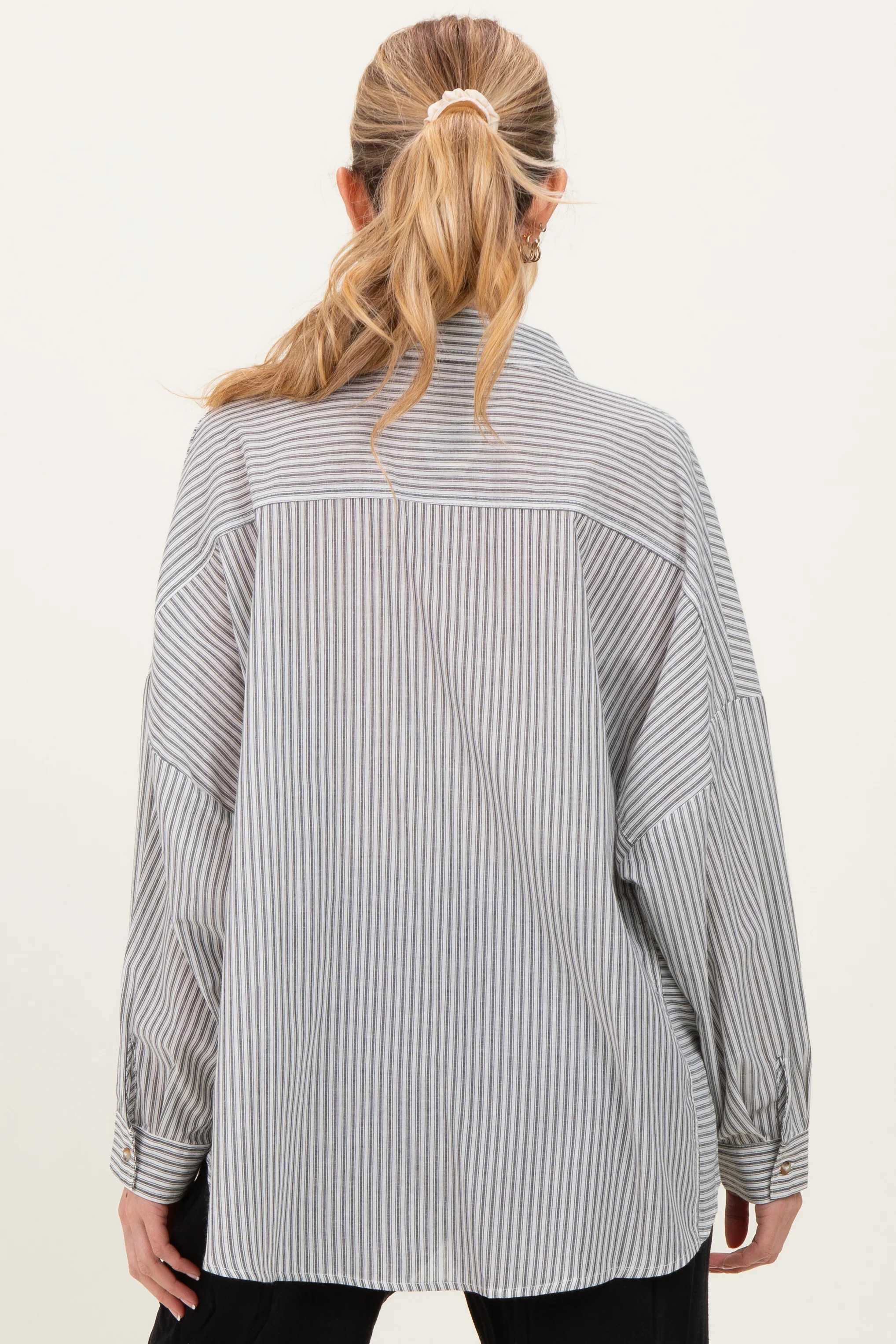 Black Oversized Striped Button-Up Maternity Shirt - Image 3