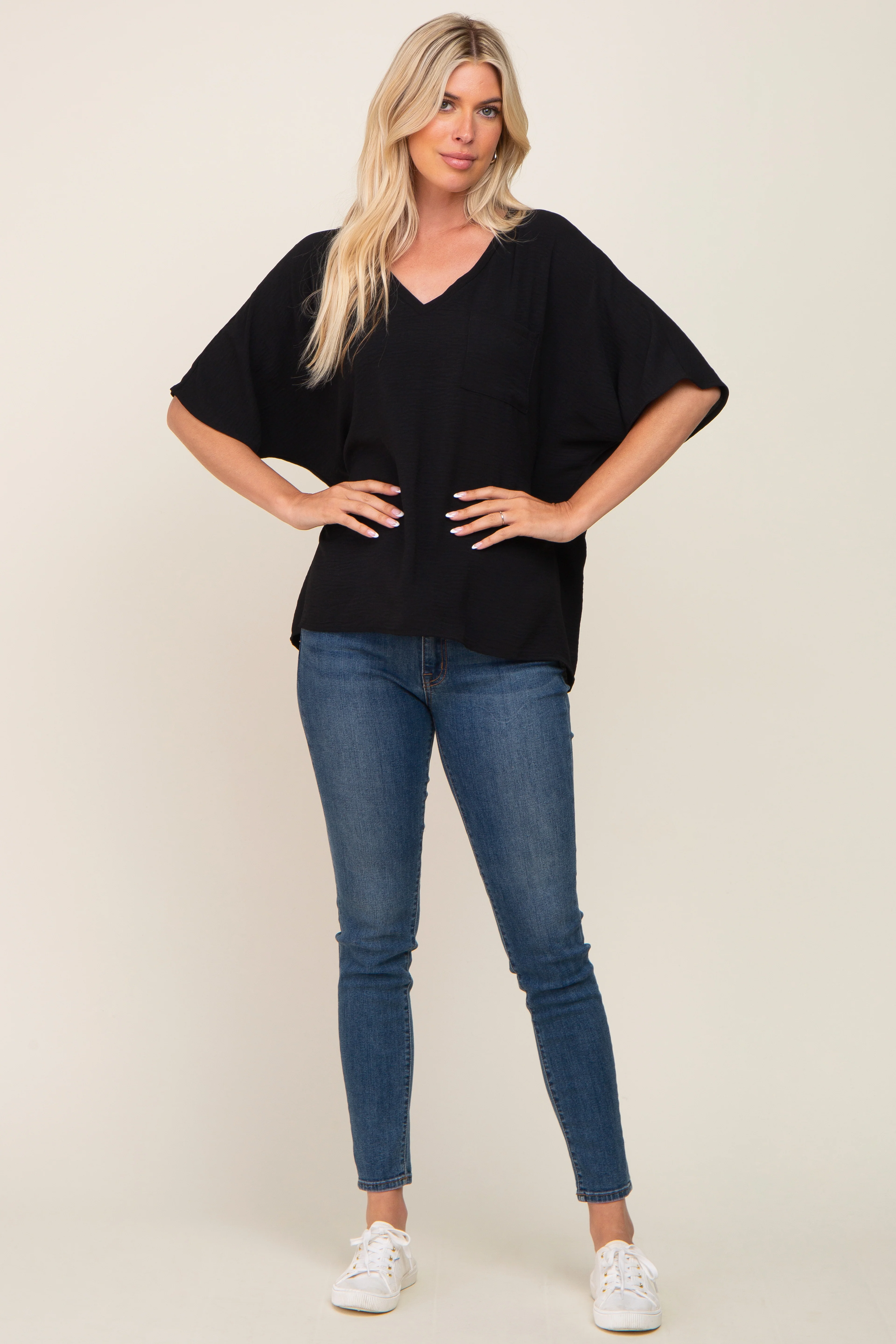Black Oversized V-Neck Pocket Front Blouse - Image 4