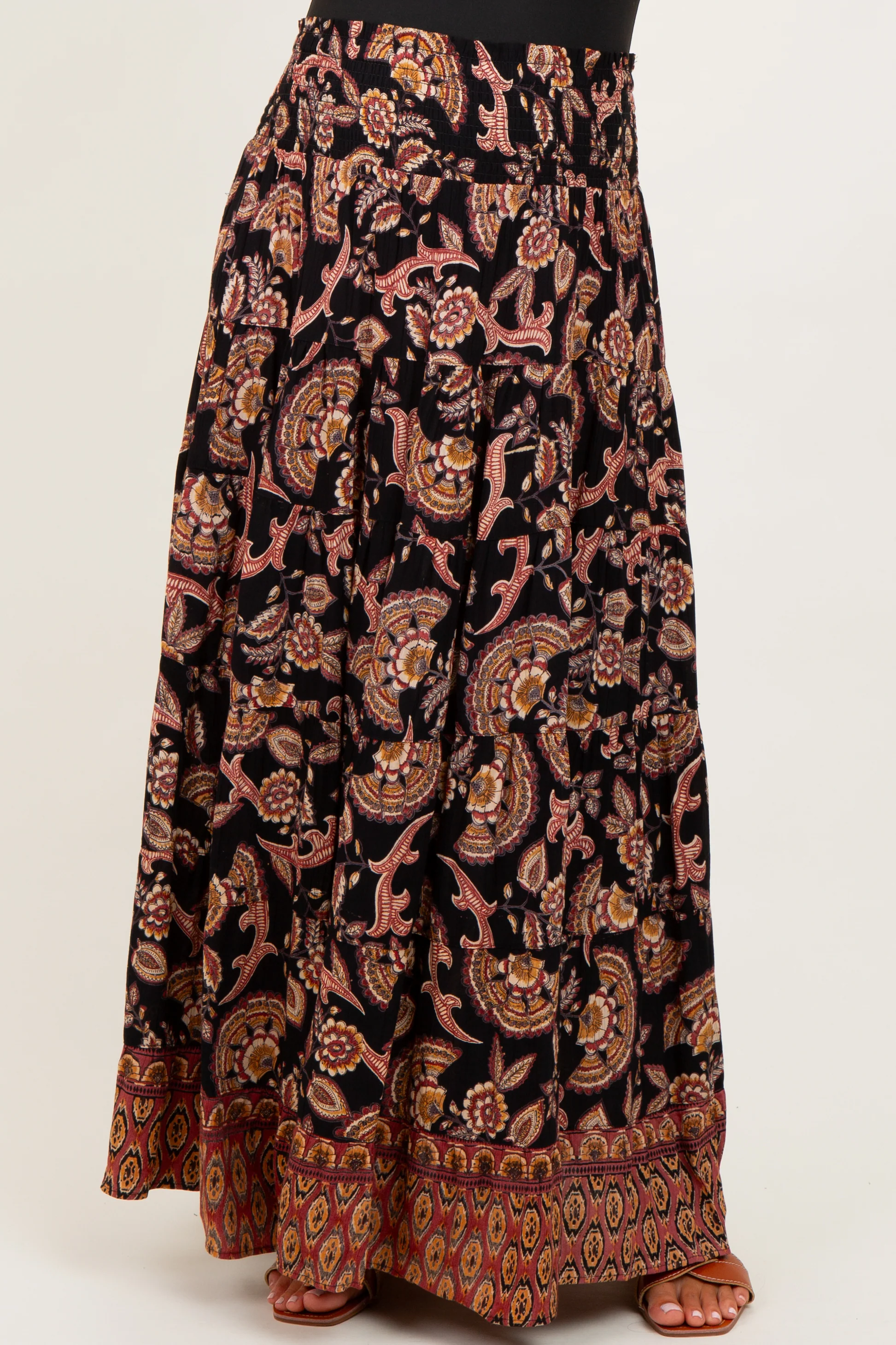 Black Paisley Smocked Waist Tiered Maternity Maxi Skirt - Image 3
