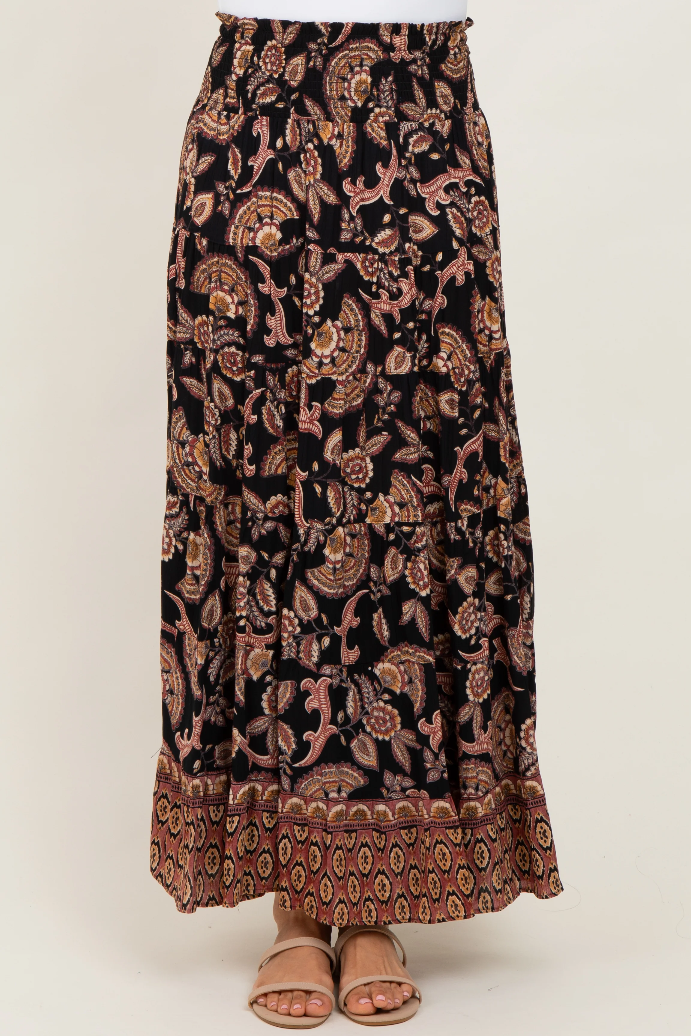 Black Paisley Smocked Waist Tiered Maxi Skirt - Image 3