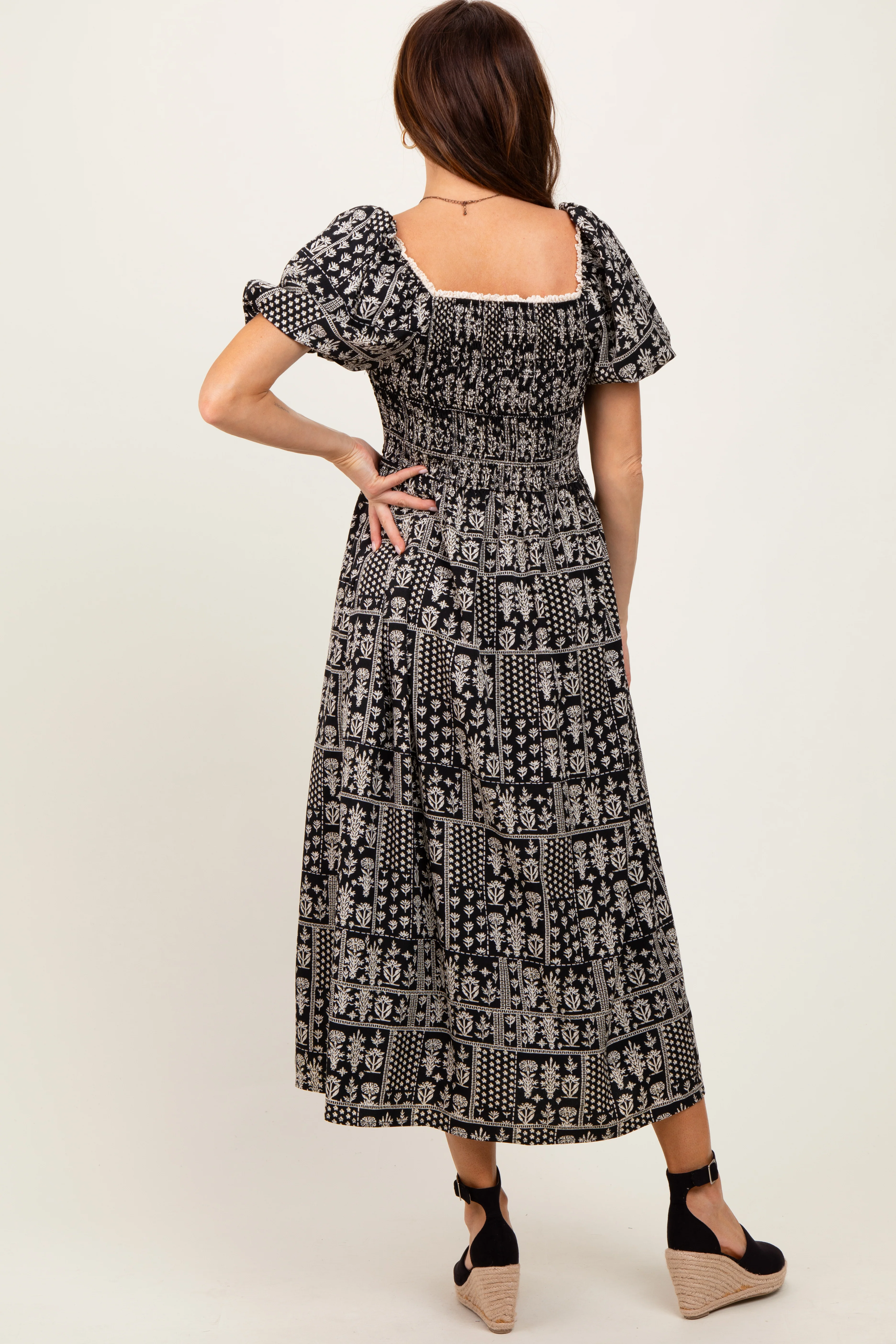 Black Patch Printed Smocked Midi Dress - Image 3