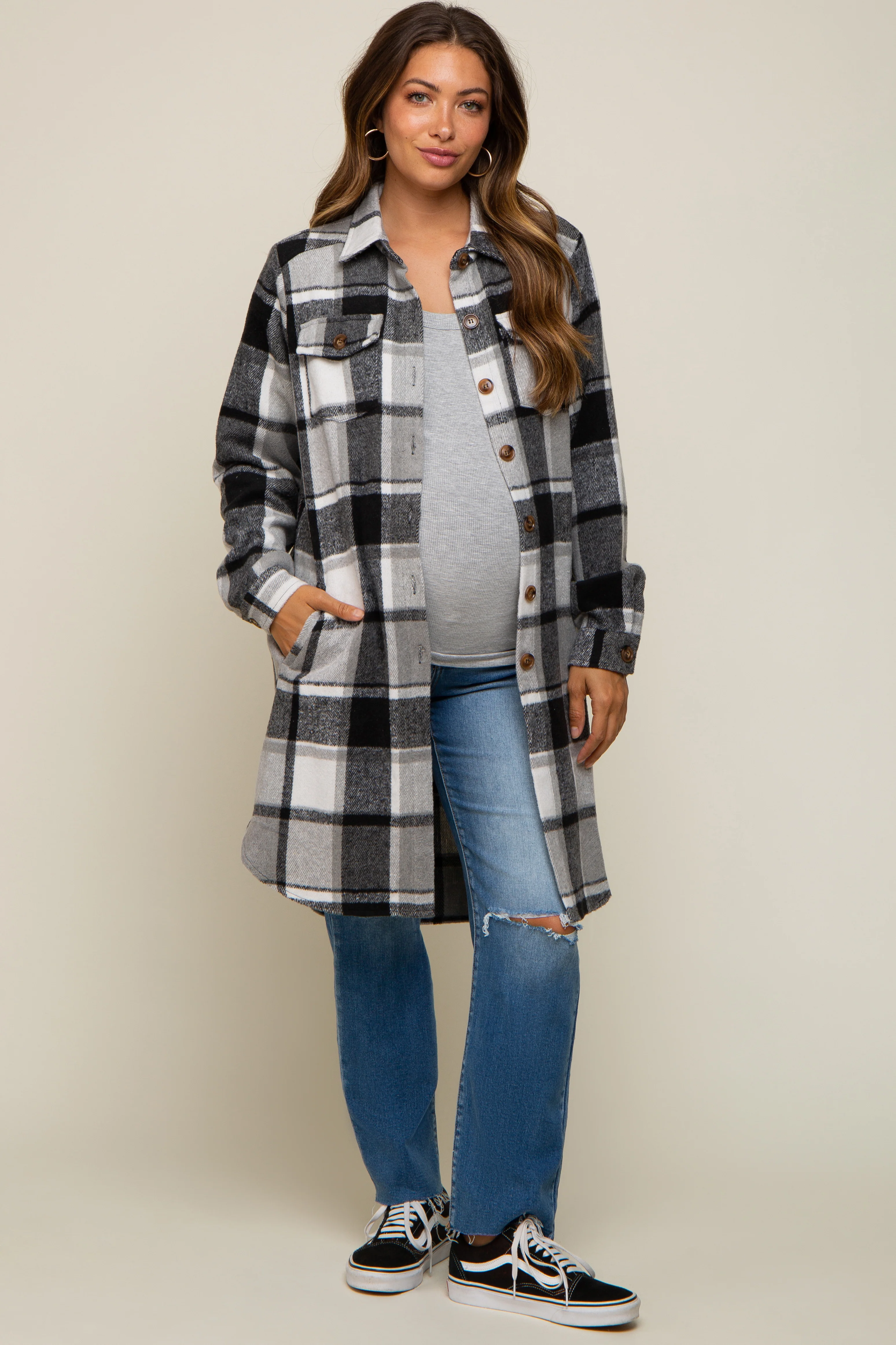 Black Plaid Fleece Maternity Long Shirt Jacket - Image 5