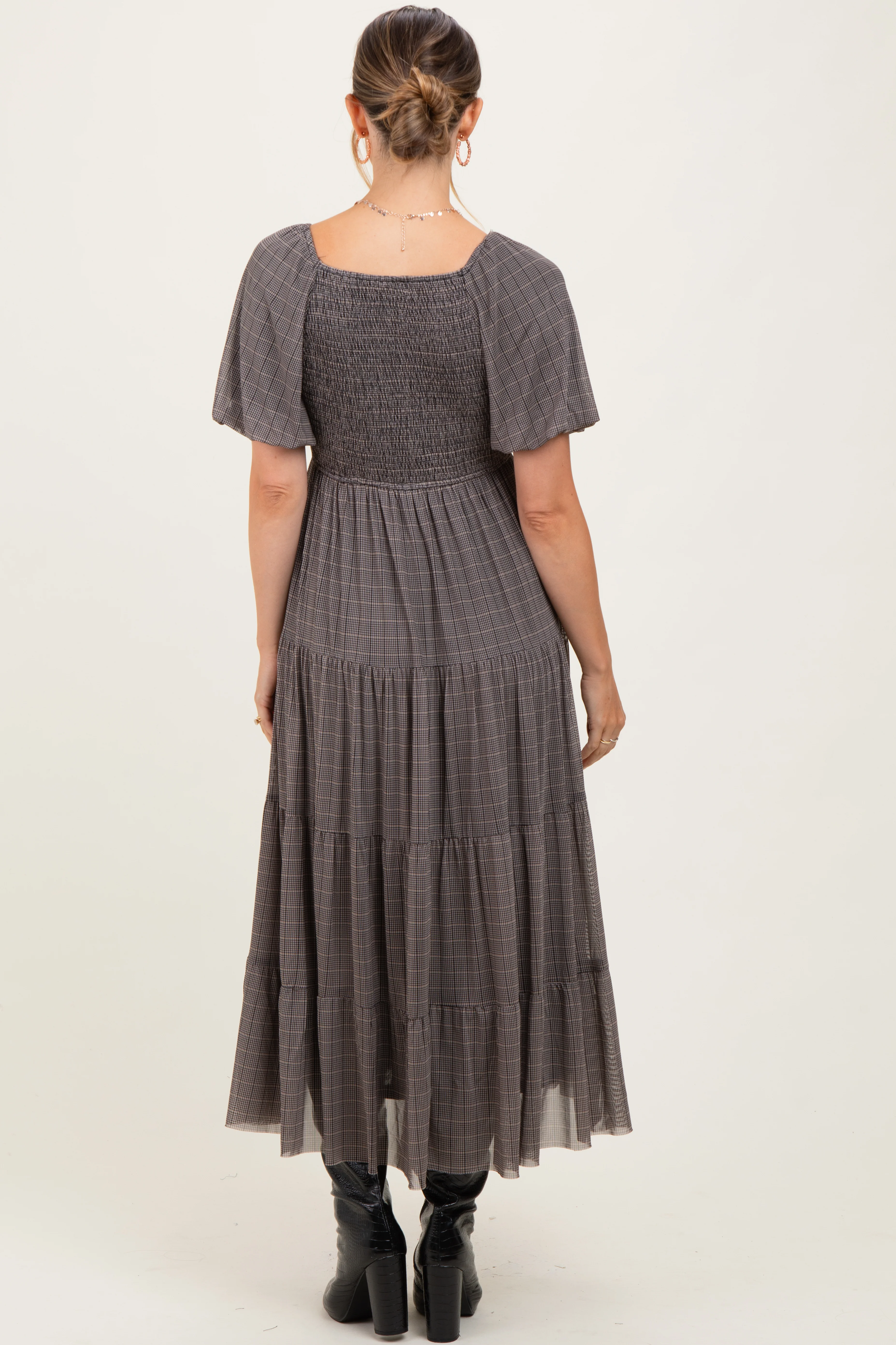 Black Plaid Mesh Tiered Maternity Maxi Dress - Image 3