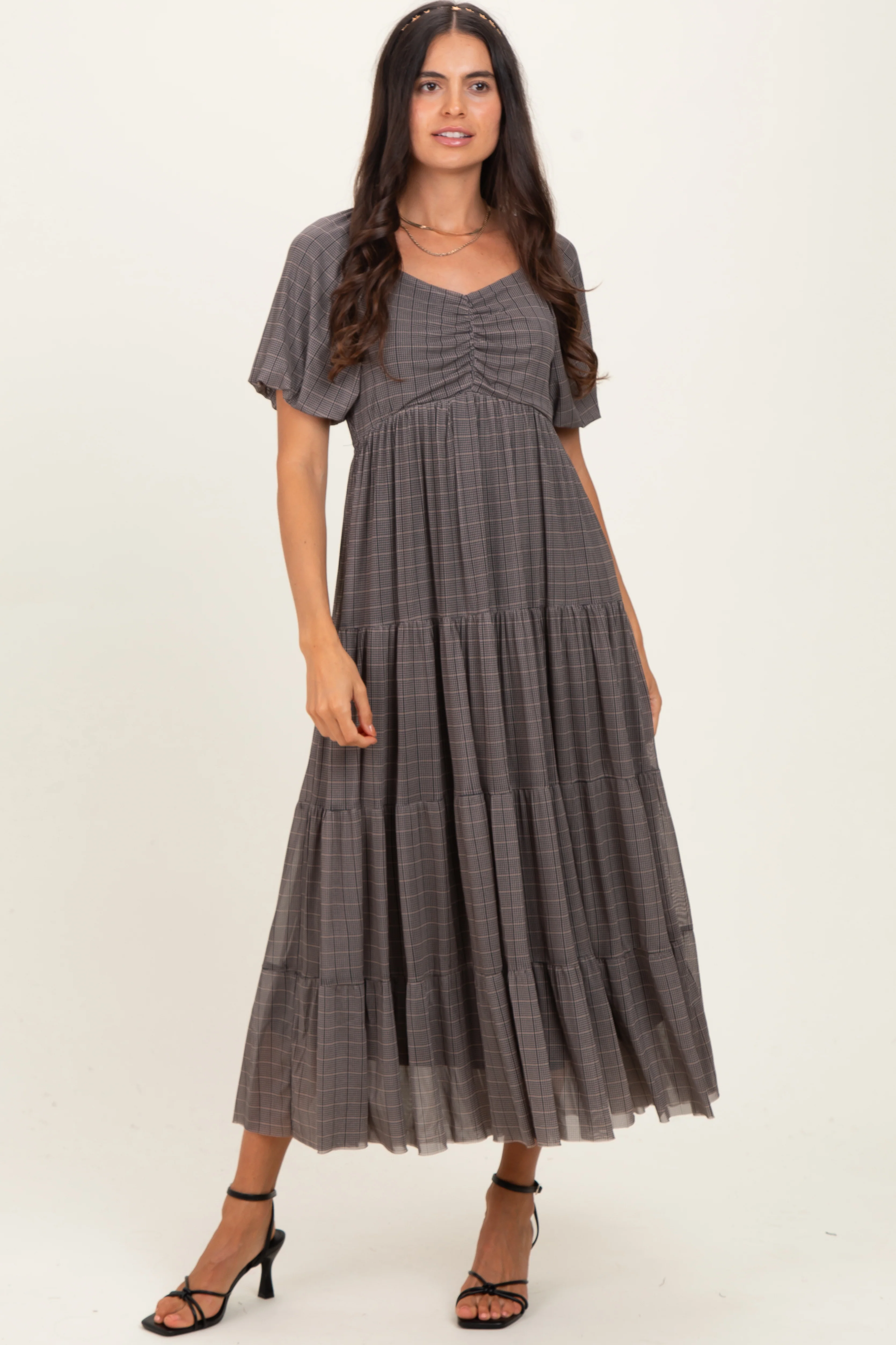 Black Plaid Mesh Tiered Maternity Maxi Dress - Image 4