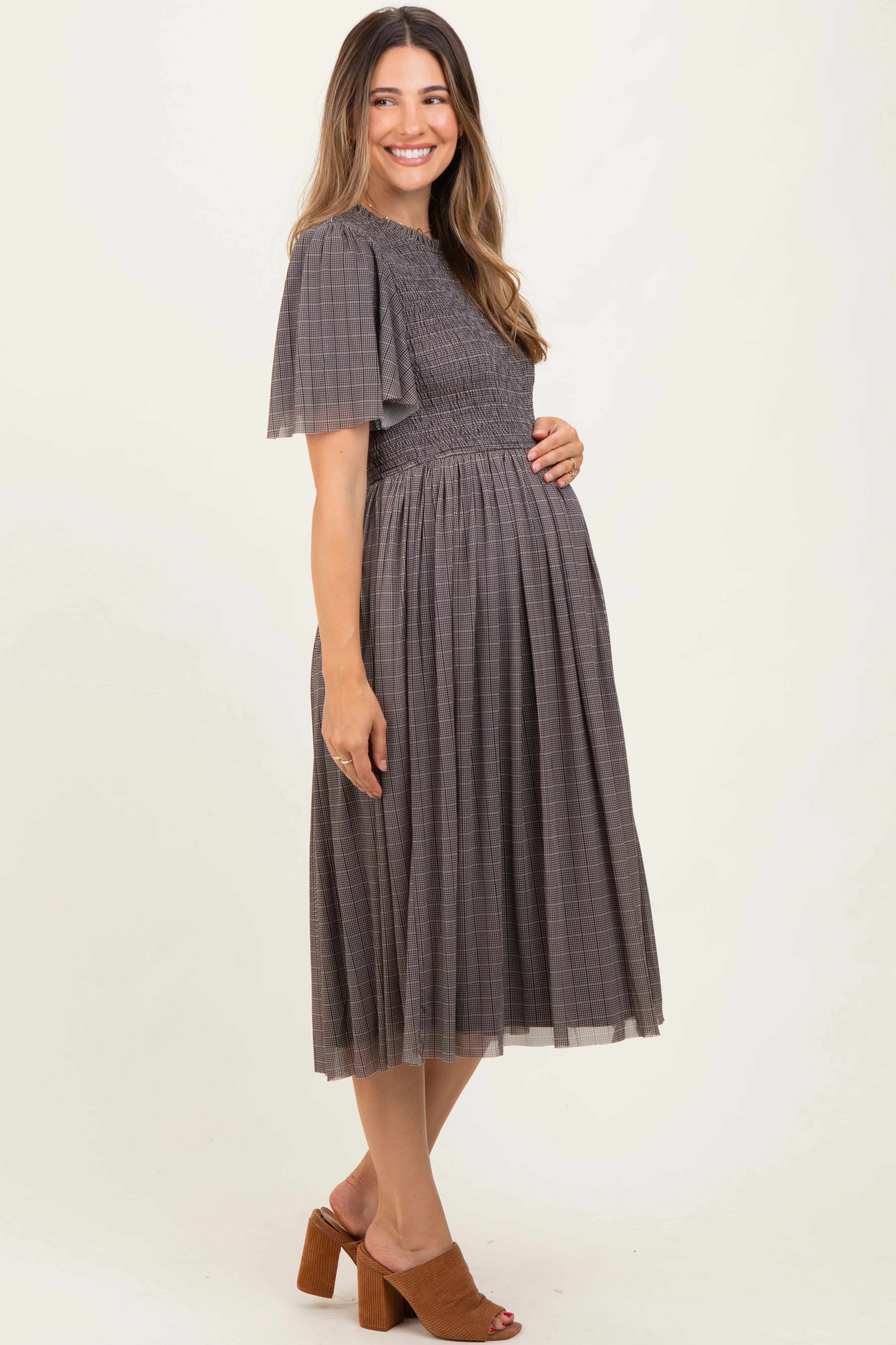 Black Plaid Smocked Mesh Maternity Midi Dress - Image 3