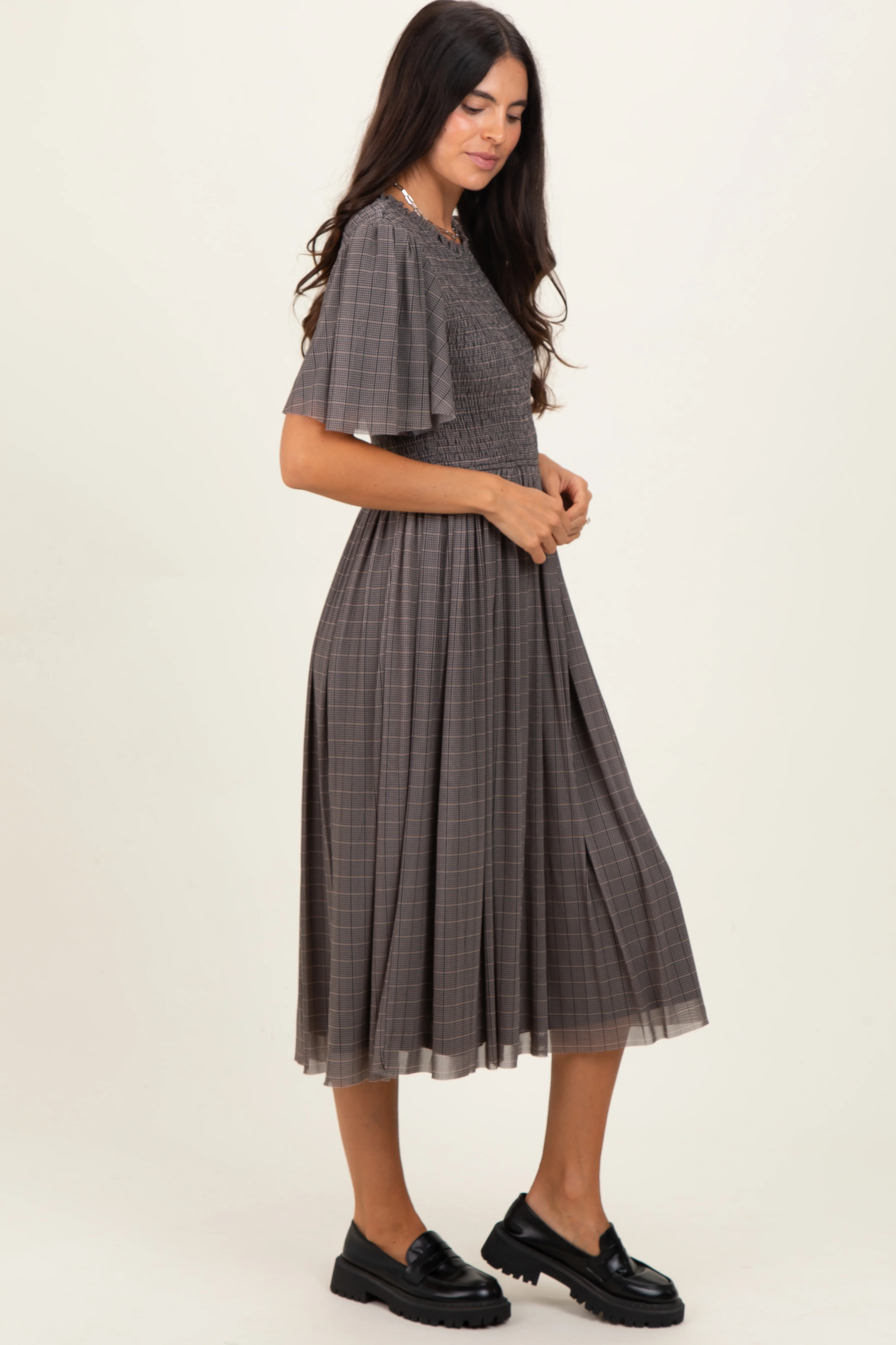 Black Plaid Smocked Mesh Midi Dress - Image 3