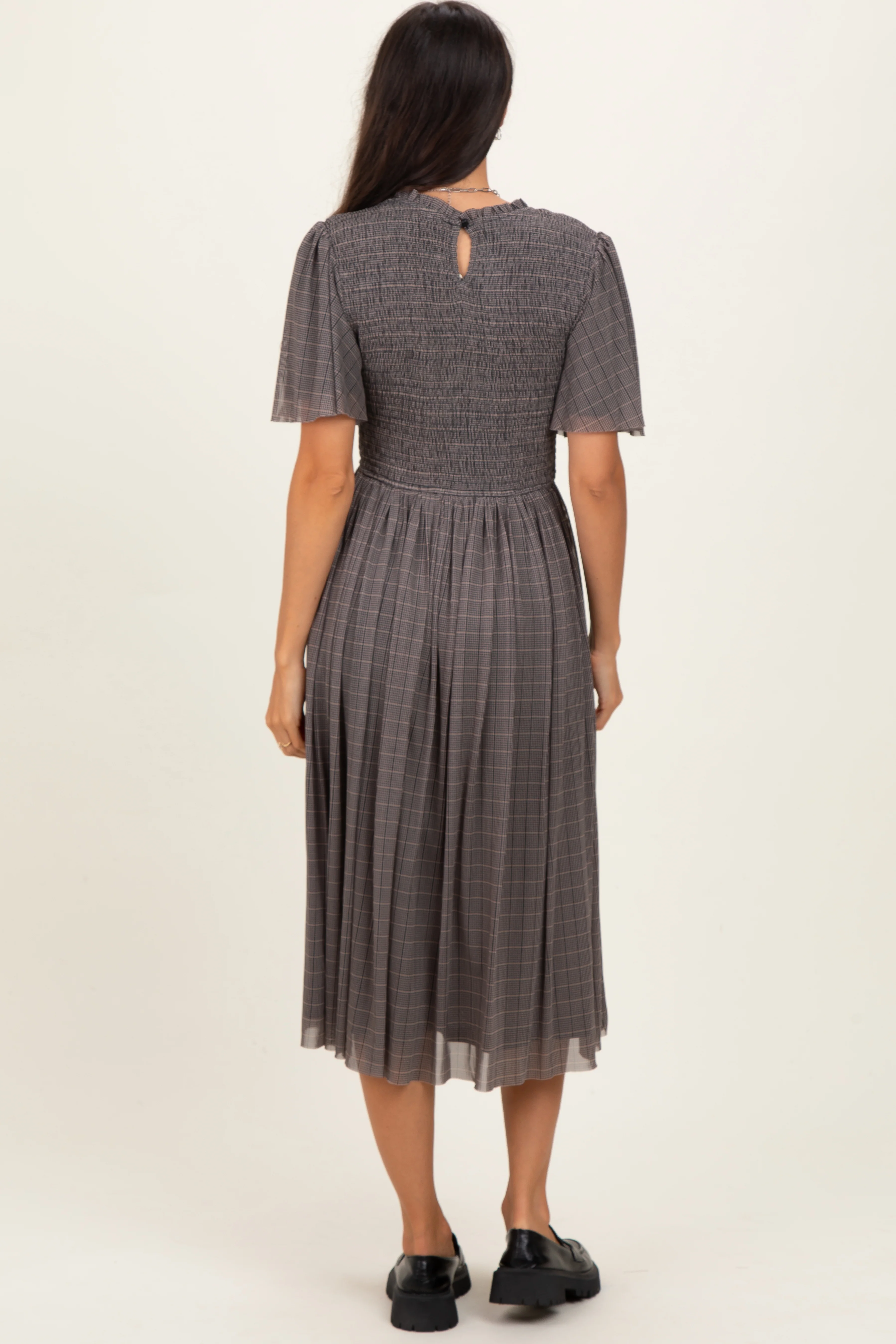 Black Plaid Smocked Mesh Midi Dress - Image 4