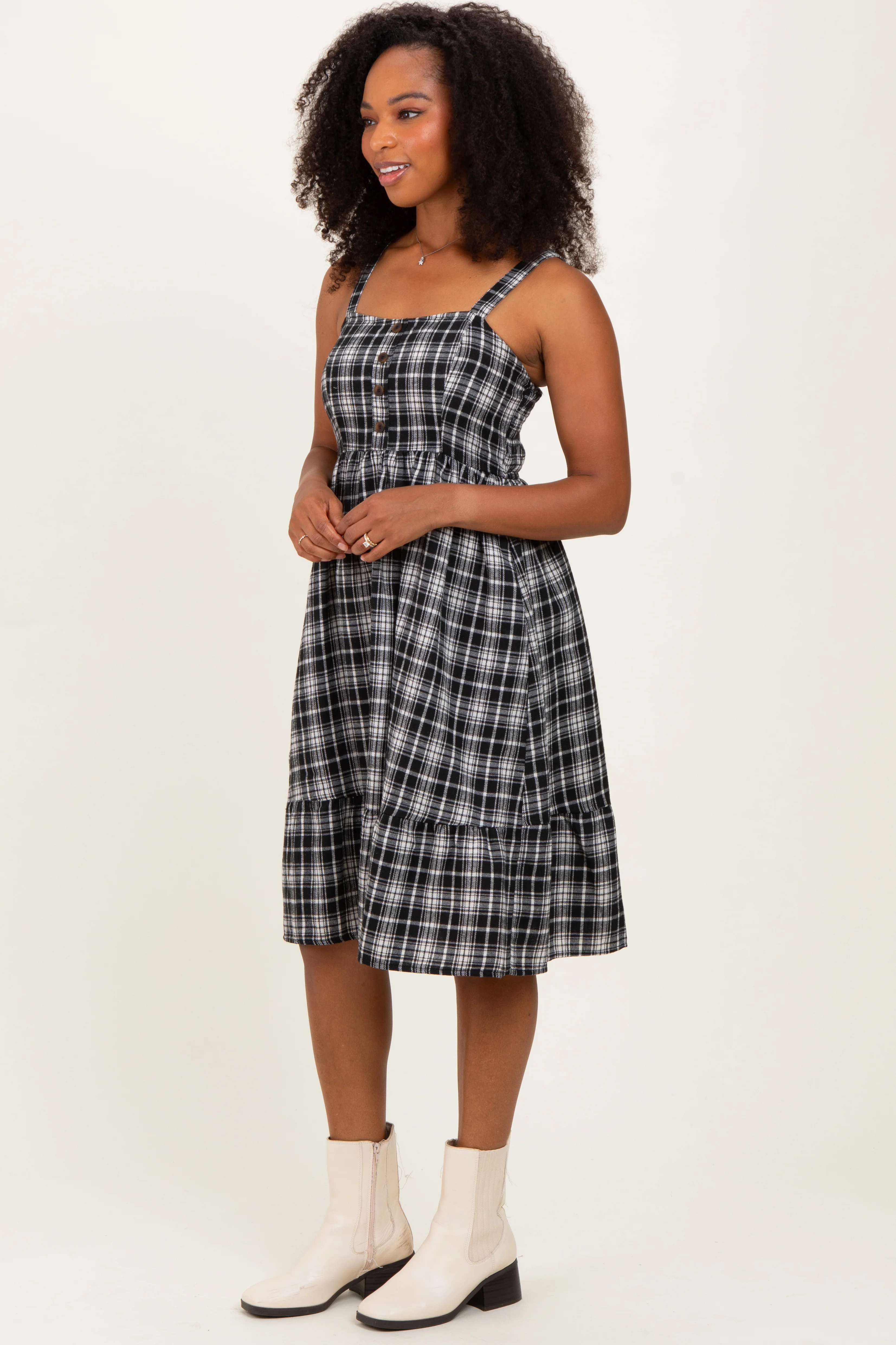 Black Plaid Square Neck Dress - Image 3
