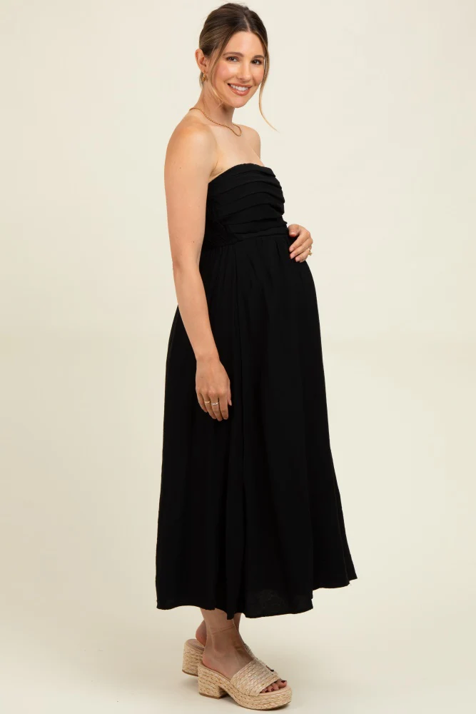 Black Pleated Bodice Strapless Maternity Midi Dress - Image 3