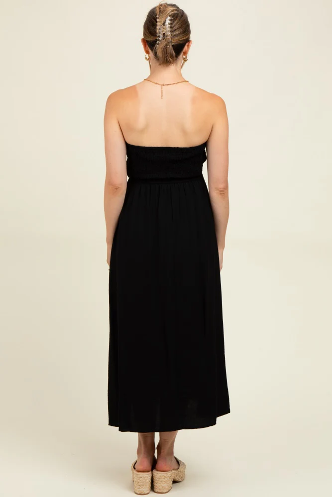 Black Pleated Bodice Strapless Maternity Midi Dress - Image 4