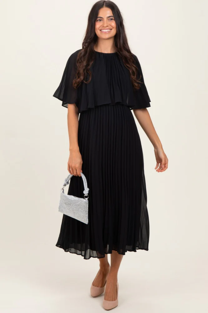 Black Pleated Cape Maternity Midi Dress - Image 4