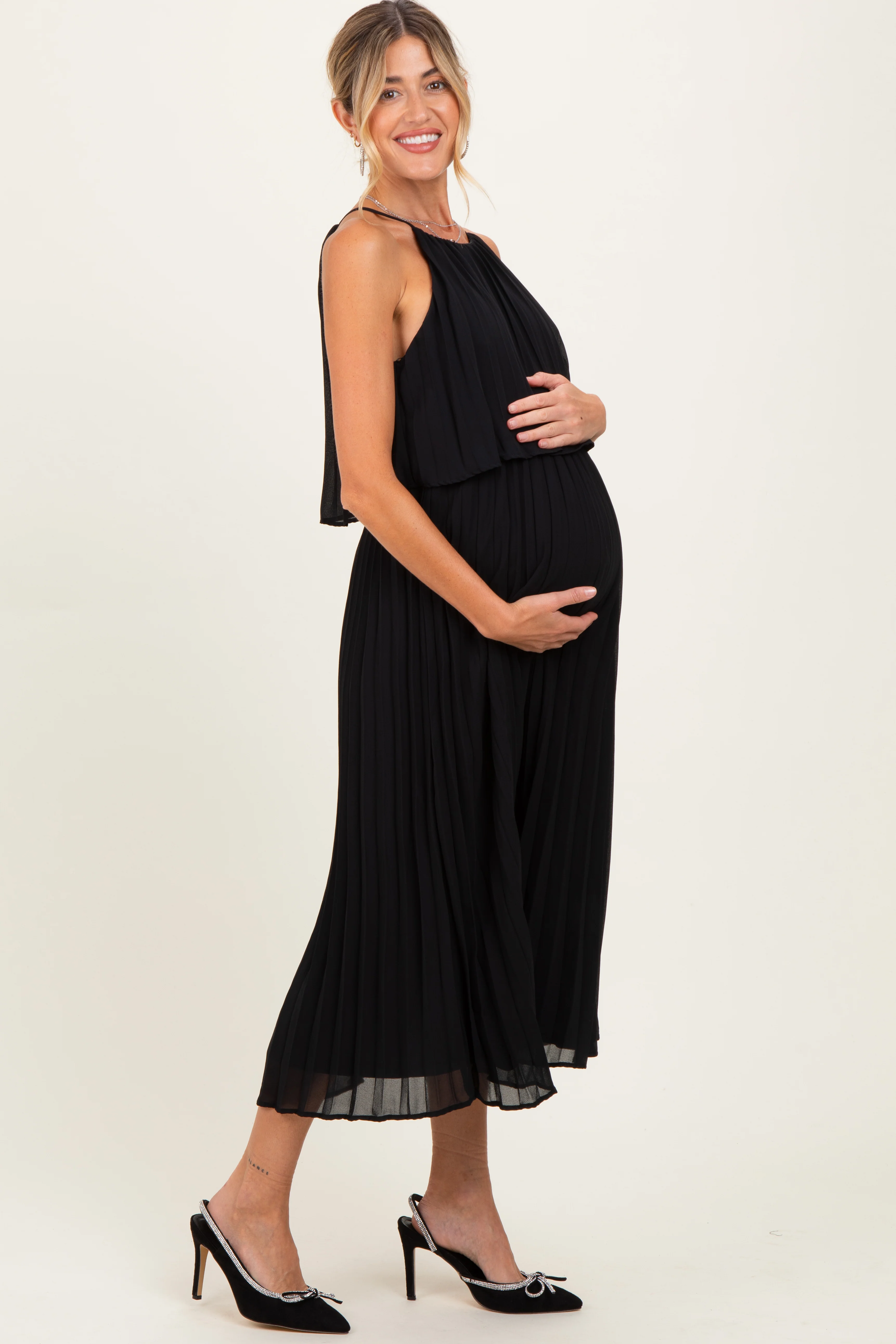 Black Pleated Woven Maternity Midi Dress - Image 3