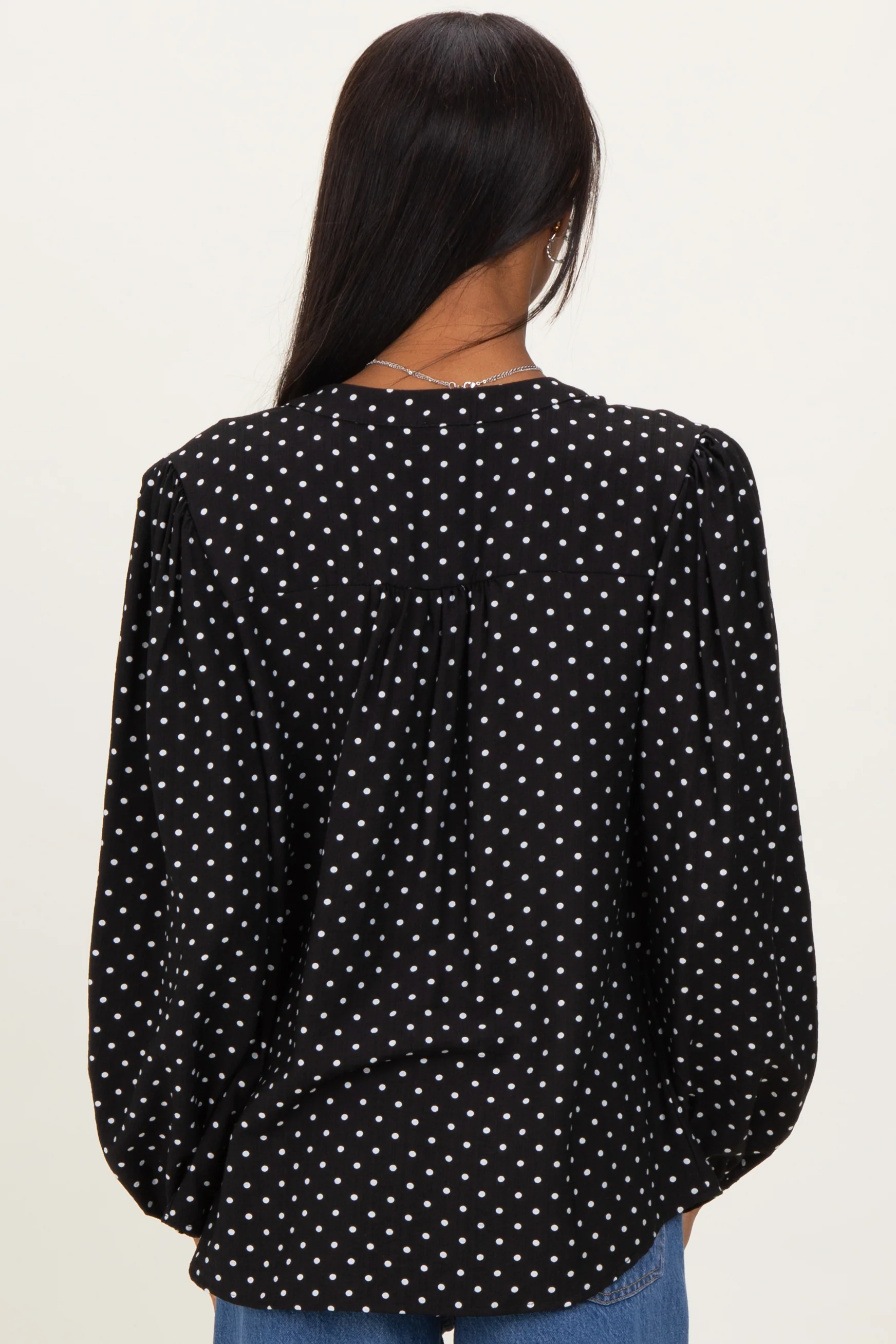 Black Polka Dot Long Sleeve Button Down V-Neck Top - Image 2
